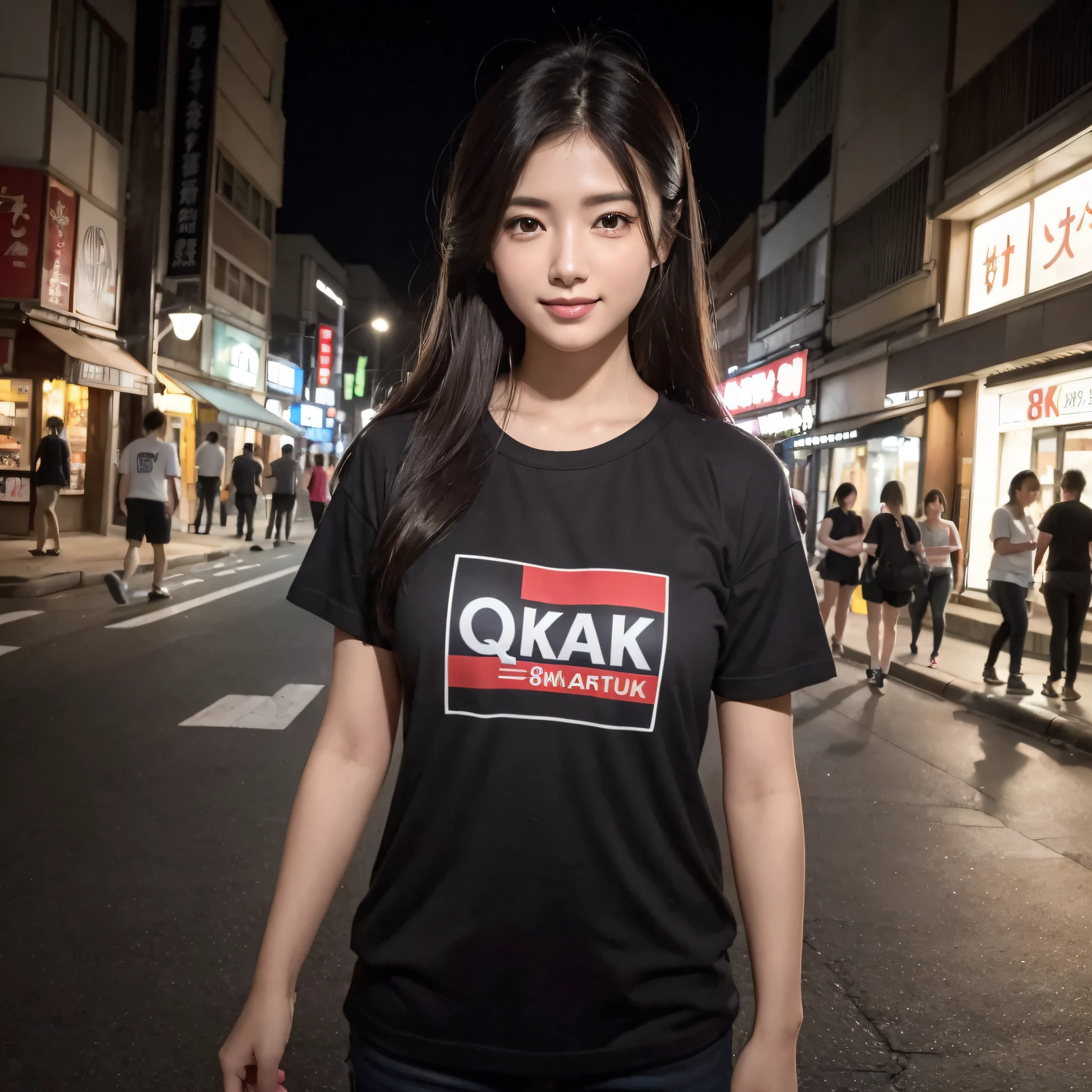 One beauty、((best qualtiy、8k masterpieces:1.3))、foco nítido:1.2、(ultra beautiful faces:1.0)、(shinny skin:1.0)、photos realistic、A dark-haired、Video Lighting、High-definition eyes and face、Video Lighting、25-year-old Japan actress、from the front side、medium breasts、Smile、Slender Abs Beauty、Whole body、Wearing a Japan T-shirt、In the downtown area at night