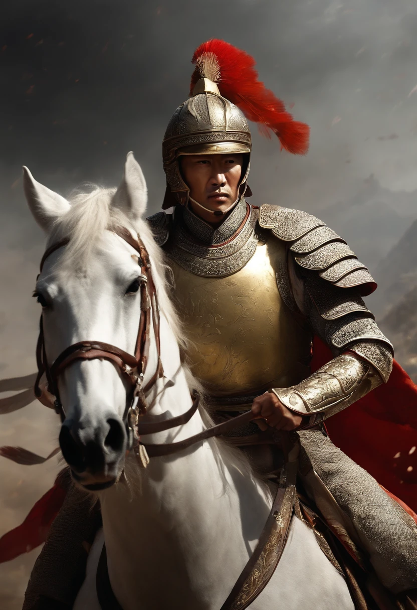 General Zhao Yunyang in white robe, white helmet, White armor, White horse, spear, Hilly area, 100,000 enemy troops surrounded from a distance, Blood stains, Wolf smoke, Golden Iron Horse