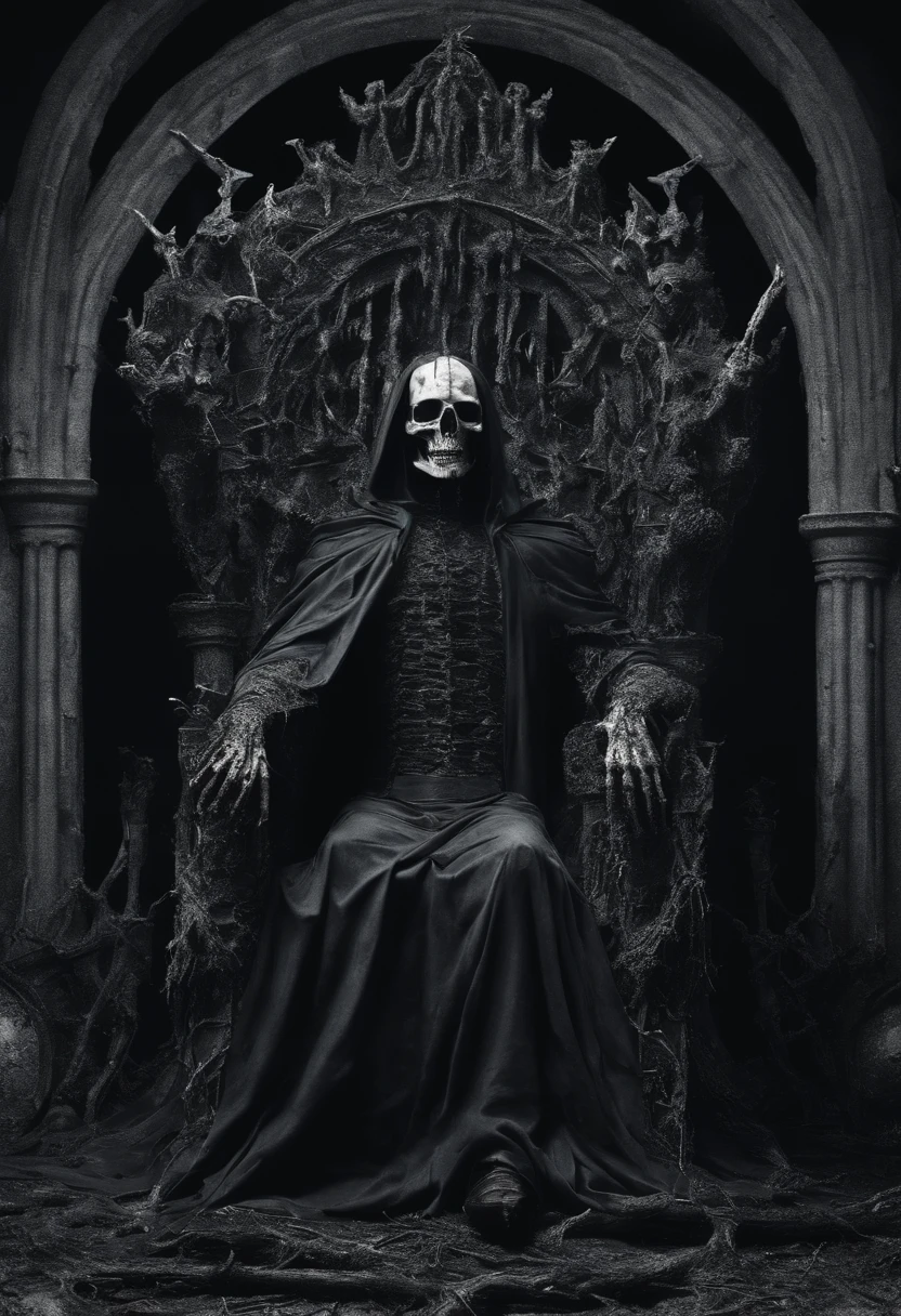 A transparent black ethereal specter with illuminated eyes playing a Victorian style harpsichord, in the Gothic style background you can glimpse some paintings with disturbing faces, above the harpsichord there is a skull with a black rose