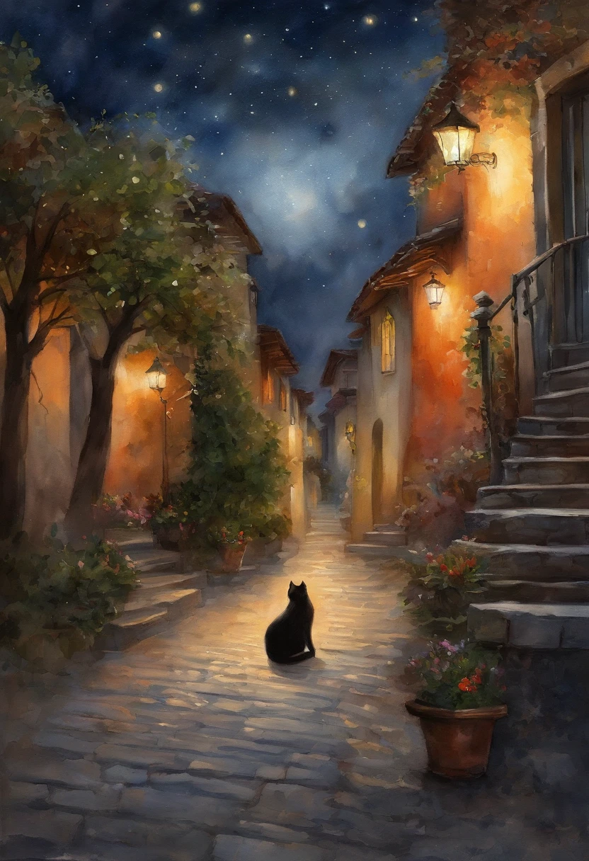 （reddish、Pink），octans, 天空, stele(天空), landscapes, starrysky, natta,（ 1girl in,One Cat、Snuggle up：1.5），（Snuggle up：1.3），Cats，nigh sky, 独奏, plein air, built, 云, shooting stars，sitting on, The tree, length hair, 城市, silhuette, Cityscape，from behind