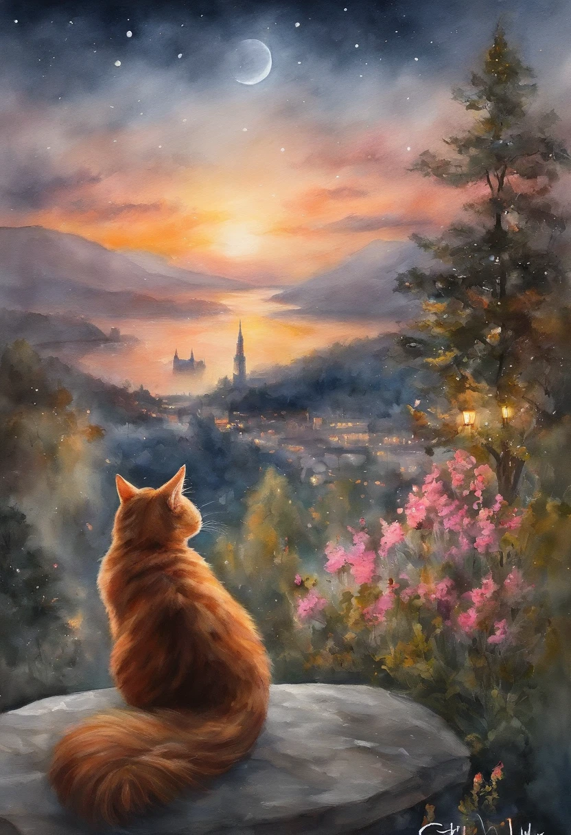 (reddish、Pink),octans, 天空, stele(天空), landscapes, starrysky, natta,( 1girl in,One Cat、Snuggle up:1.5),(Snuggle up:1.3),Cats,nigh sky, 独奏, plein air, built, 云, shooting stars,sitting on, The tree, length hair, 城市, silhuette, Cityscape,from behind