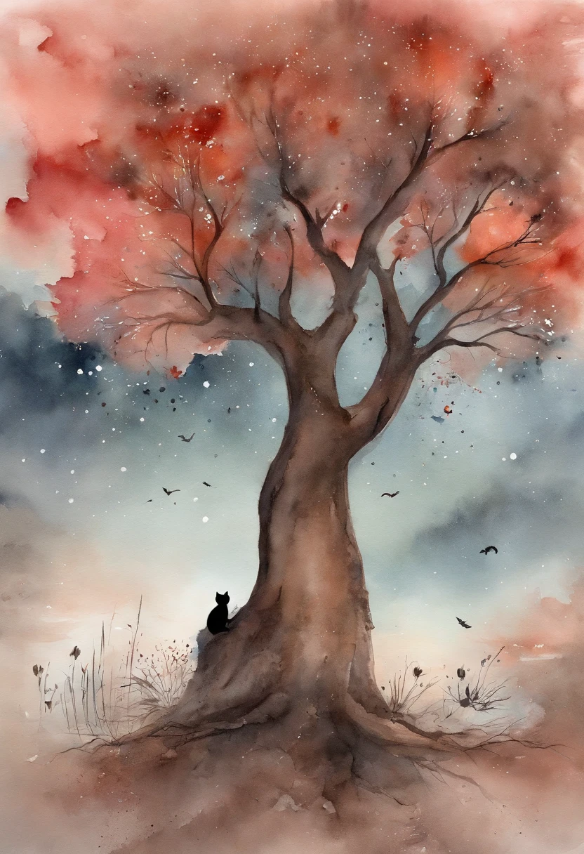 (reddish、Pink),octans, 天空, stele(天空), landscapes, starrysky, natta,( 1girl in,One Cat、Snuggle up:1.5),(Snuggle up:1.3),Cats,nigh sky, 独奏, plein air, built, 云, shooting stars,sitting on, The tree, length hair, 城市, silhuette, Cityscape,from behind