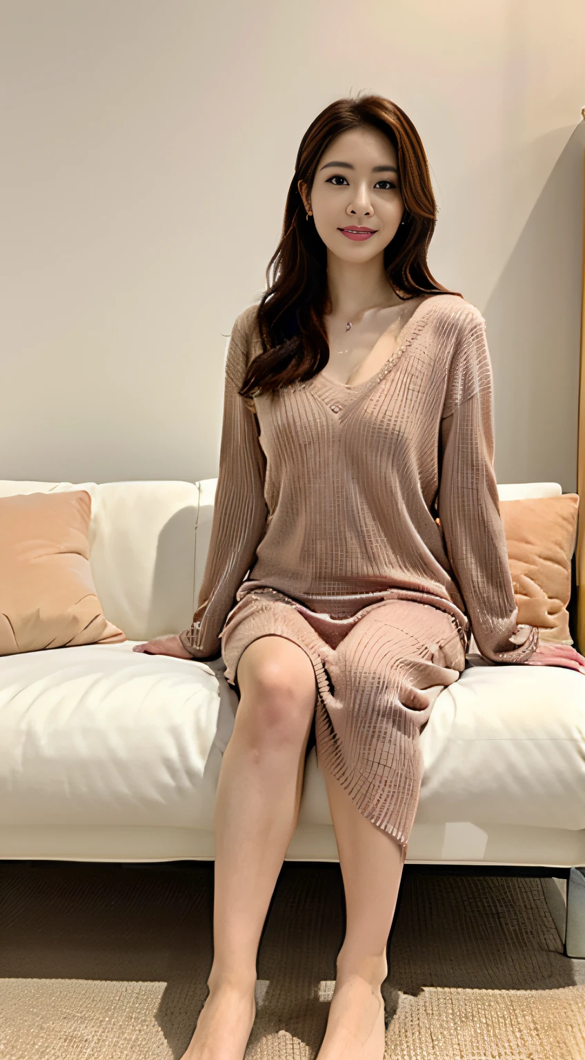 ((中景 the scene is、Two-thirds full-body photo))top-quality、tmasterpiece、超A high resolution、(Photorealsitic:1.4)、A Japanese lady、48-year-old woman,ssmile,Wavy brunette hair、Silk、Pink knit long-sleeved dress(huge-breasted:1.4)、standing on your feet:1.2,Living room sofa background,Slightly chubby body:1.2,Straight body,Slightly chubby face:1.2,Wrinkles at the corners of the eyes,There are wrinkles at the corners of the mouth,perfect bodies,Accentuate Chest