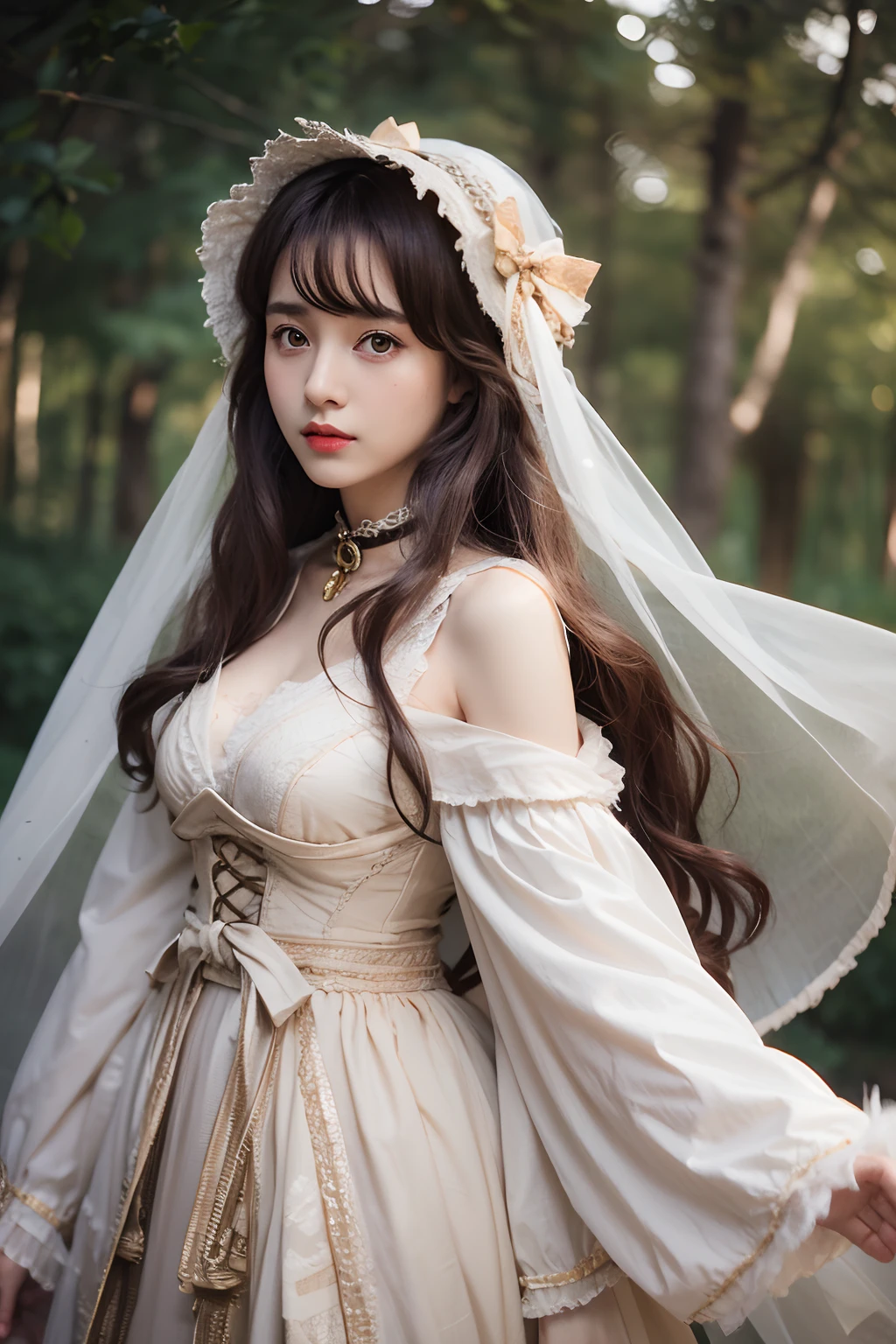(Works of masters,Higher quality,超高分辨率,8K分辨率),depth of fields,in a panoramic view,first person perspective,(Slim waist),(Long legs),Flowing hair,Vivid colors,s the perfect face,Girl,solo person,ssmile,Red lips,Big eyes,long whitr hair,A brown-haired,Wave head,Bracelet,Collar,bangle,Gorgeous ta Costume Outfit,frilld,lacing,White gauze shawl,fur shawl,Facing the viewer,eventide,Temple,Natural soft light