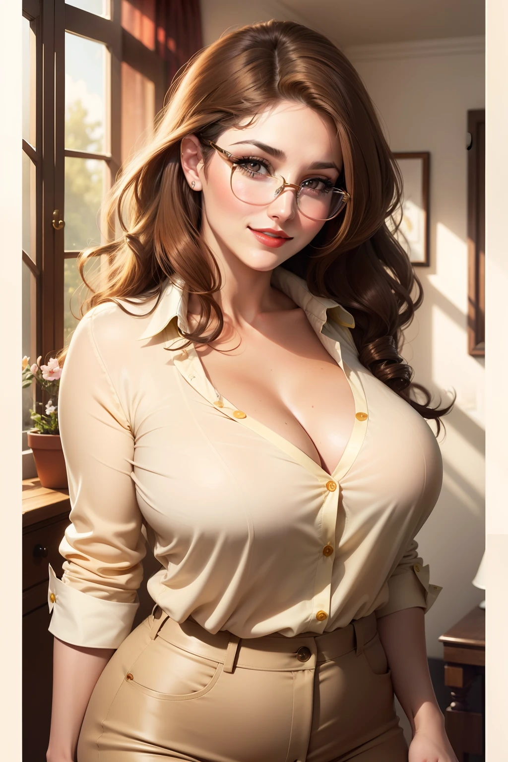 Lucy Pinder, portrait, face portrait, smiling, voluptuous, red lips, cleavage, wavy hair, glasses, chubby woman, light brown hair, button-down blouse, yellow blouse, formal pants.
