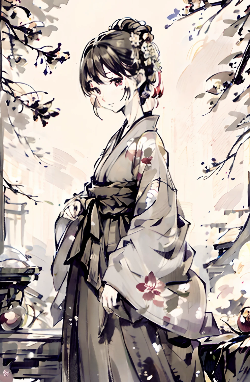 sepia,Old Japan ink painting style,Full Body Angle,Hakama,Staring at the flowers,Plum blossoms