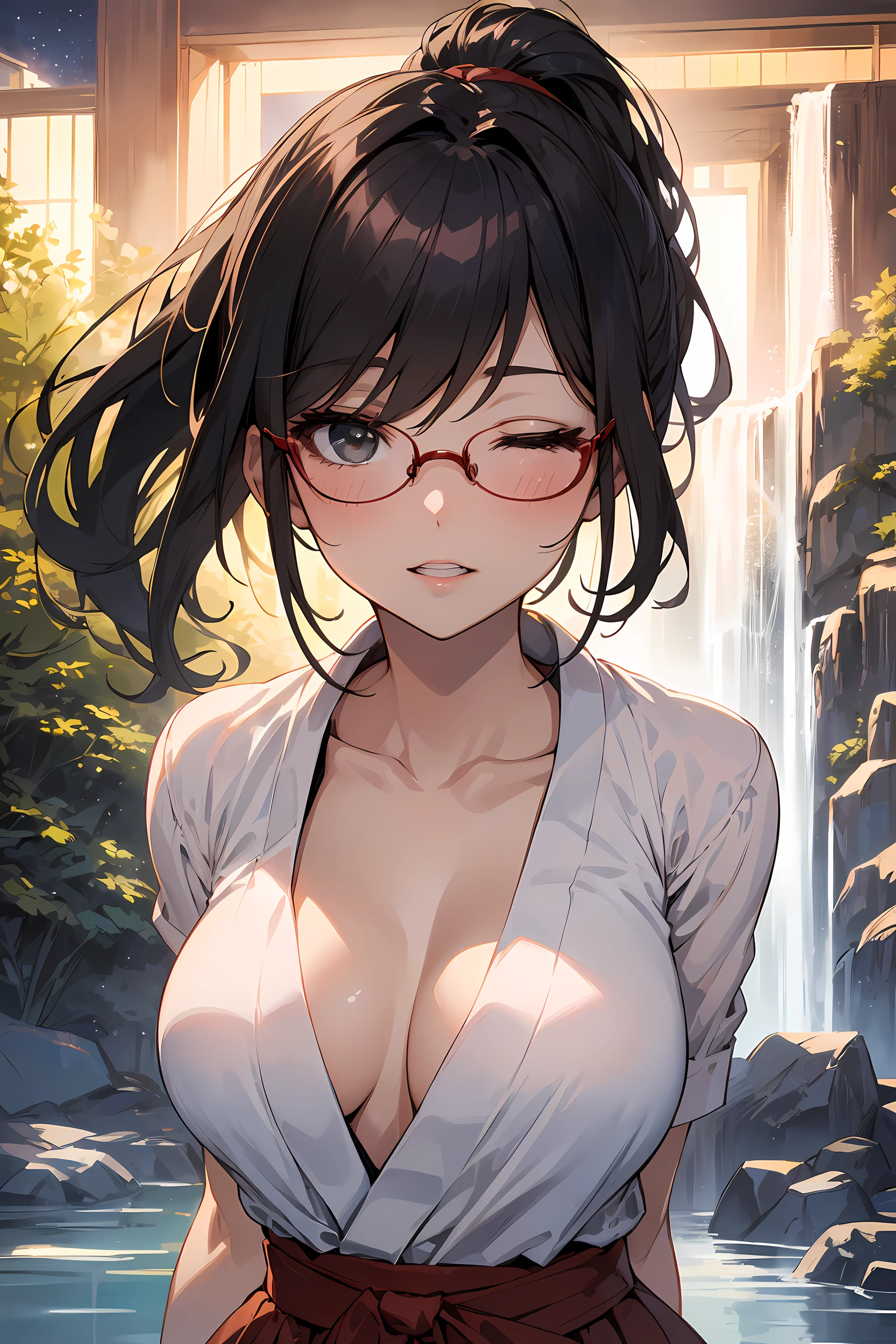 high resolution, Photo of a beautiful woman detailed_face, young handsome girl,realistic:0.5, perfect skin, (wearing a glasses:1.5), from behind:1.5, (ultra-detailed background, detailed background), bokeh, make happy expressions, happy emotion, gorgeous,pure, beautyfull detailed face and eyes,breasts, (black eyes:1.1), (a extremely pretty and beautiful Japanese woman), (sexy girl), (professional attire:1.3), (22 years old: 1.1), BREAK, (lovely outfit:1.2), (detailed miko outfit:1.2), (white dogi:1.2), (red hakama:1.2))), cleavage, beautiful detailed skin, (cute:1.2), (black hair), ((jpop idol)), (upper thigh:0.6), (depth of field),soft light, Lens Glow looking at viewer, (Drooping eyes:1.2), straight teeth,smile, floating hair, (black hair:1.2), brown eyes BREAK movie scene, cinematic, full colors, 4k, 8k, 16k, RAW photo, masterpiece, professionally color graded, professional photography, high school girl, hair up, , soft clean focus, realistic lighting and shading, (an extremely delicate and beautiful art)1.3, elegant,active angle,dynamism pose BREAK (ponytail:1.3), (shiny-black thin hair:1.2), bangs, dark brown eyes, beautiful eyes, princess eyes, (big eyes:1.3), bangs, wearing a glasses:1.3, Hair between eyes, short hair:1.3, (slender:1.1), (medium-breasts:0.95), (thin waist: 1.15), (detailed beautiful girl: 1.4), Parted lips, Red lips, full-make-up face, (shiny skin), ((Perfect Female Body)), (upper body image:1.3), Perfect Anatomy, Perfect Proportions, (most beautiful Korean actress face:1.3, extremely cute and beautiful Japanese actress face:1.3), ,(1glasses girl:1.3, solo), ,(blush:1.1), gray background, solo focus, (bust shot:1.2), cinematic light, (nostalgic night scene:1.4), (waterfall:1.4), (moon light:1.3), (arms down:1.4), (looking at viewer:1.2), (in water, under waterfall:1.3, one-eye-closed:1.3),