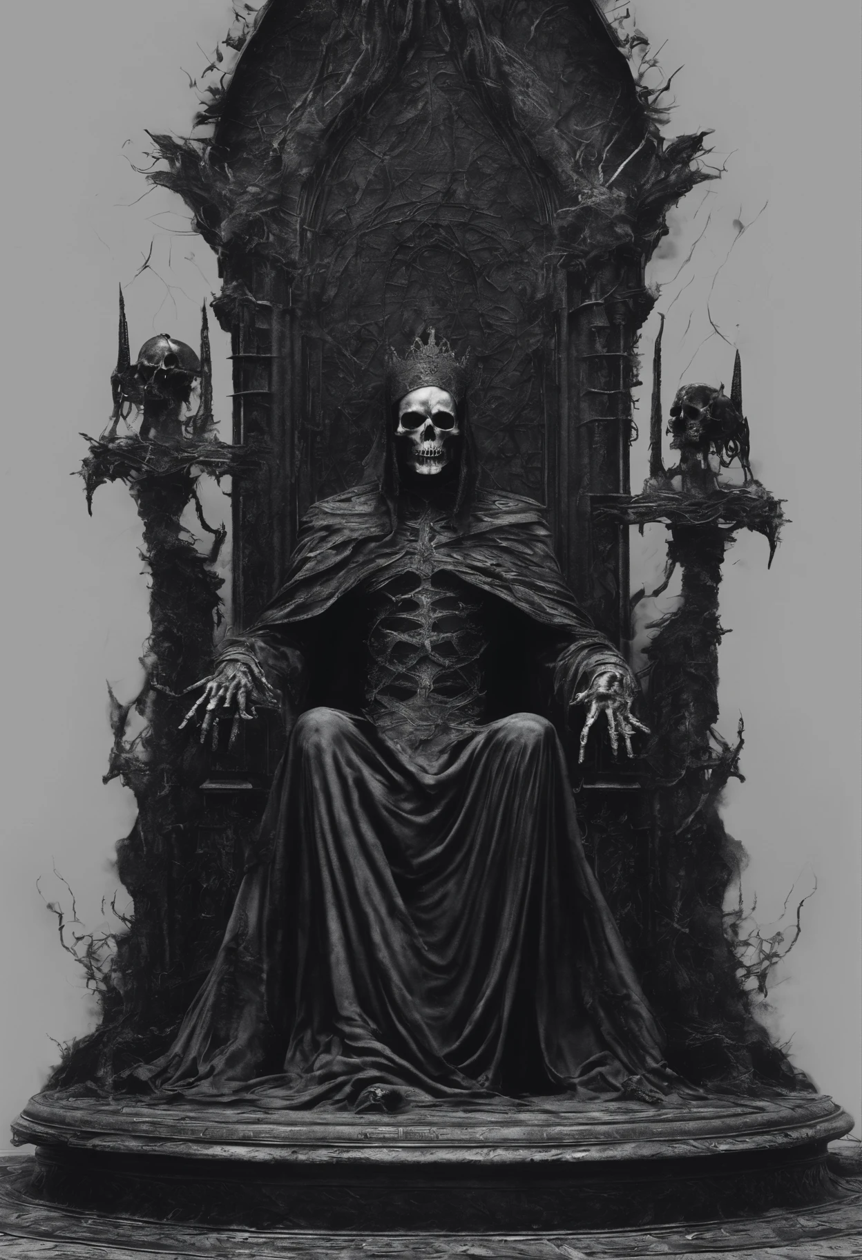 Death metal album cover, grey scale paint, kingdom and throne, strings, chains, dystopian , dark, fantasy and horror