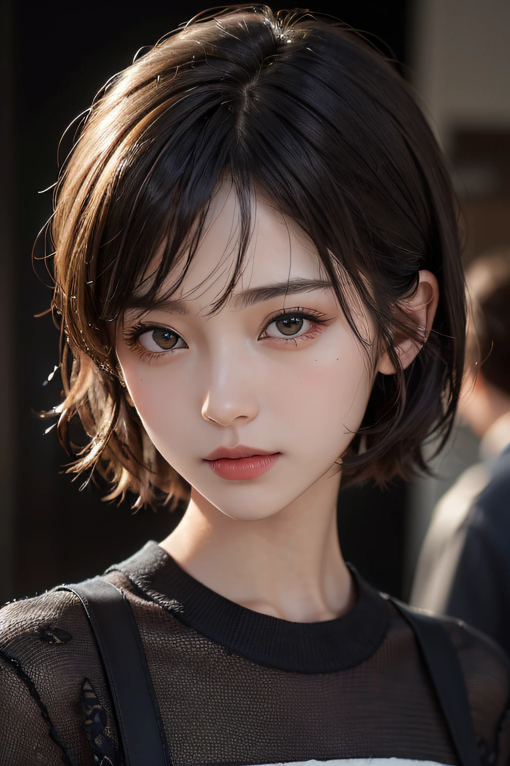 (8K, 超A high resolution, Best quality, masutepiece:1.2)、RAW portrait of japanese girl、超A high resolution、top-quality、 (huge-breasted,:1.6)、{Hide all breasts:1.2}{Off-white shorts:1.5}、(Wear a white sleeveless turtleneck sweater:1.5)、(hand to hip:1.6)、(In the street:1.2) Break (Natural skin texture、Detailed skin、Hyper-realism、ultra-sharpness)、intricately details、depth of fields、Sexy adult woman、Black hair short hair、toned butt、((tmasterpiece、top-quality、high detal))、(Photorealsitic:1.4)、独奏、Keep one's mouth shut、Smile happily、largeeyes、Distinct double eyelids、eyeslashes、Long neck、Absolute area、Clean collarbone、face perfect、Thin lips、a small face、(Gaze towards the viewer、highlights in the eyes、Light brown eyes、Gloss on lips)、(The entire body is shown from the side:1.3)