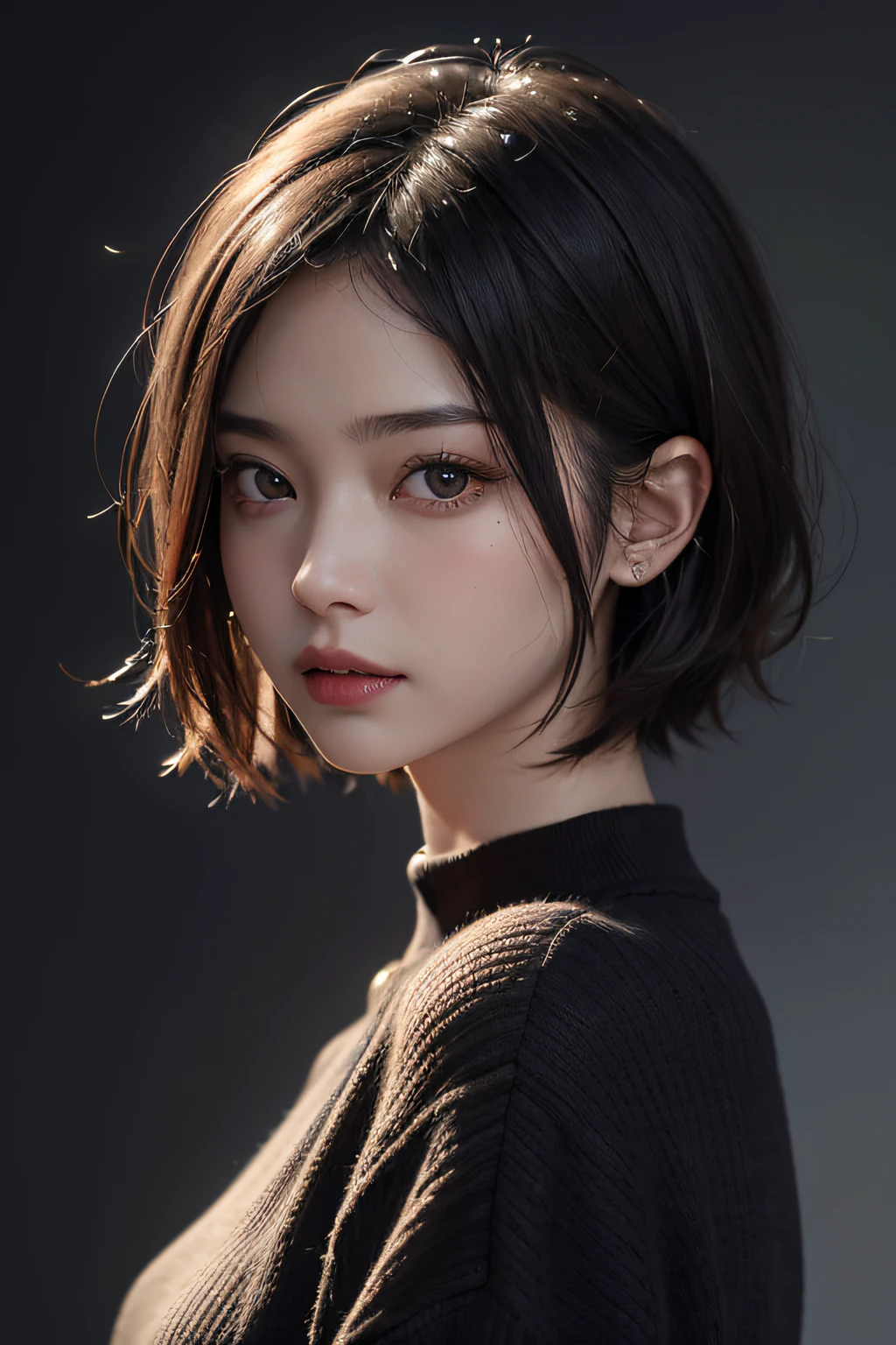 (masuter piece:1.3)、(8k、Photorealsitic、RAW Photography、top-quality: 1.4)、(1girl)、beautiful countenance、(lifelike face)、(A dark-haired、short-hair:1.3)、
Beautiful hairstyle、realisticeyes、Beautiful details、(real looking skin)、Beautiful skins、(Sweaters)、absurderes、enticing、超A high resolution、A hyper-realistic、high-detail、the golden ratio