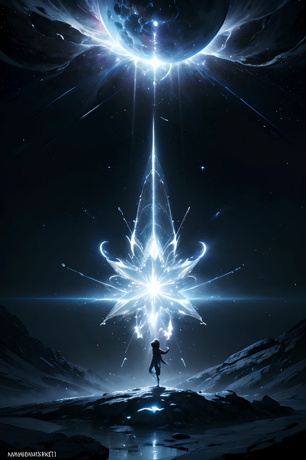 1 amorphous child shape composed of light, white, supernova, stars, creation, dancing, stardust, joy, abstract, chaos, stunning, cinematic lighting, unreal engine, trending on ArtStation, intricate details, masterpiece, best quality, by Irakli Nadar, Greg Rutkowski，(((best quality))),(((ultra detailed))),(((masterpiece)))
