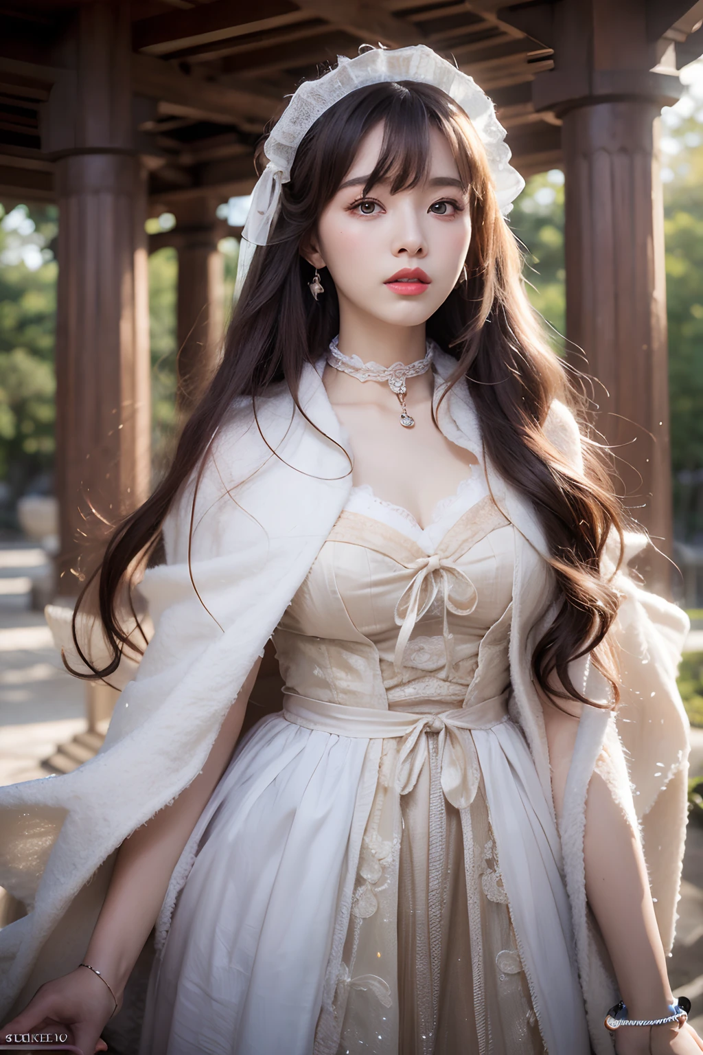 (Works of masters,Higher quality,超高分辨率,8K分辨率),depth of fields,in a panoramic view,first person perspective,(Slim waist),(Long legs),Flowing hair,Vivid colors,s the perfect face,Girl,solo person,ssmile,Red lips,Big eyes,long whitr hair,A brown-haired,Wave head,Bracelet,Collar,bangle,Gorgeous ta costume,frilld,lacing,White gauze shawl,fur shawl,Facing the viewer,eventide,Temple,Natural soft light