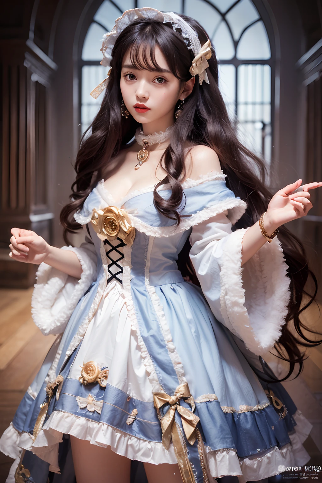(Works of masters,Higher quality,超高分辨率,8K分辨率),depth of fields,in a panoramic view,first person perspective,(Slim waist),(Long legs),Flowing hair,Vivid colors,s the perfect face,Girl,solo person,ssmile,Red lips,Big eyes,long whitr hair,A brown-haired,Wave head,Bracelet,Collar,bangle,Gorgeous ta costume,frilld,lacing,White gauze shawl,fur shawl,Facing the viewer,eventide,Temple,Natural soft light