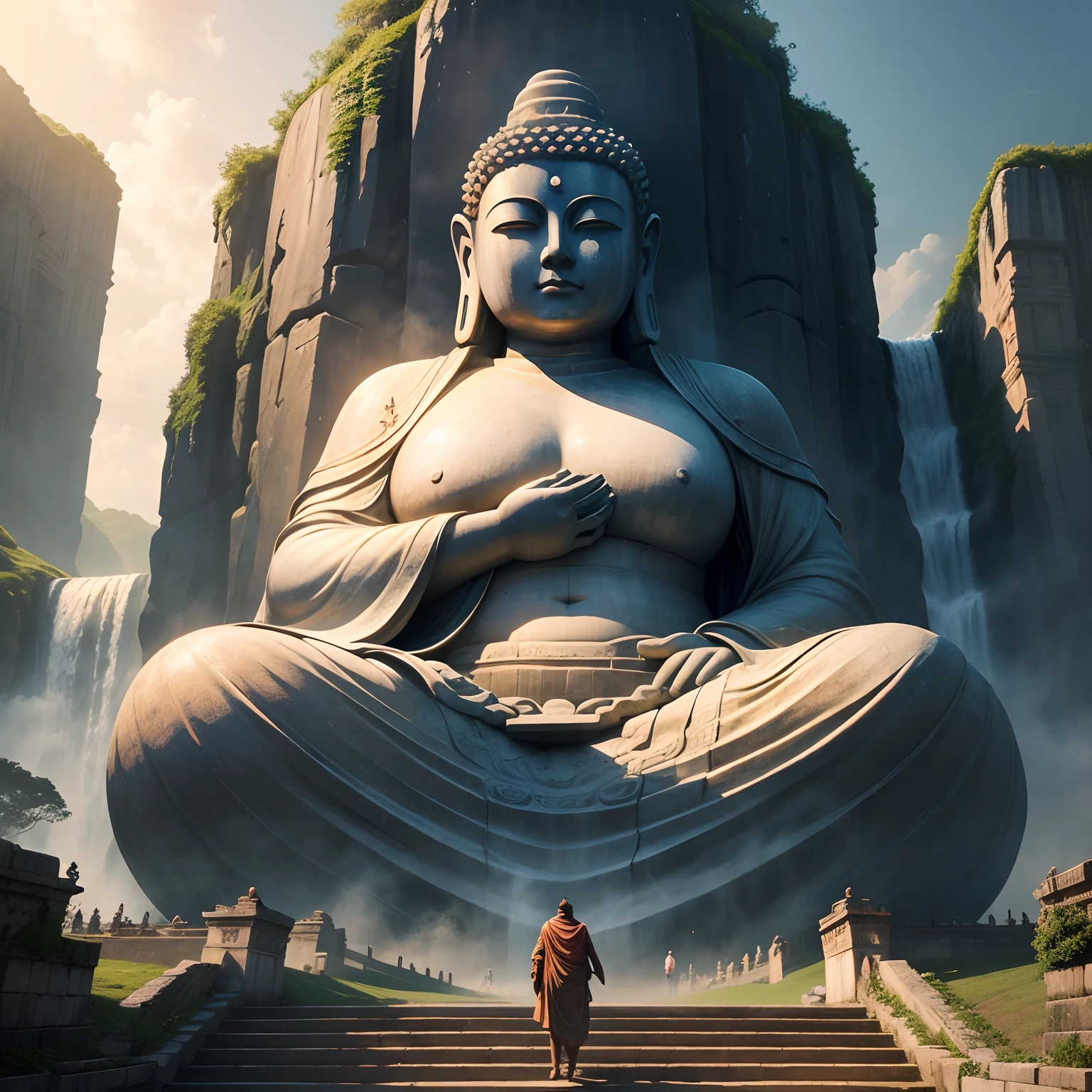 Super giant Buddha statue，Super Giant Buddha，Mysterious world，Super long staircase，huge waterfall，Ancient cities，myth，超A high resolution，Masterpiece，Ancient Civilizations，