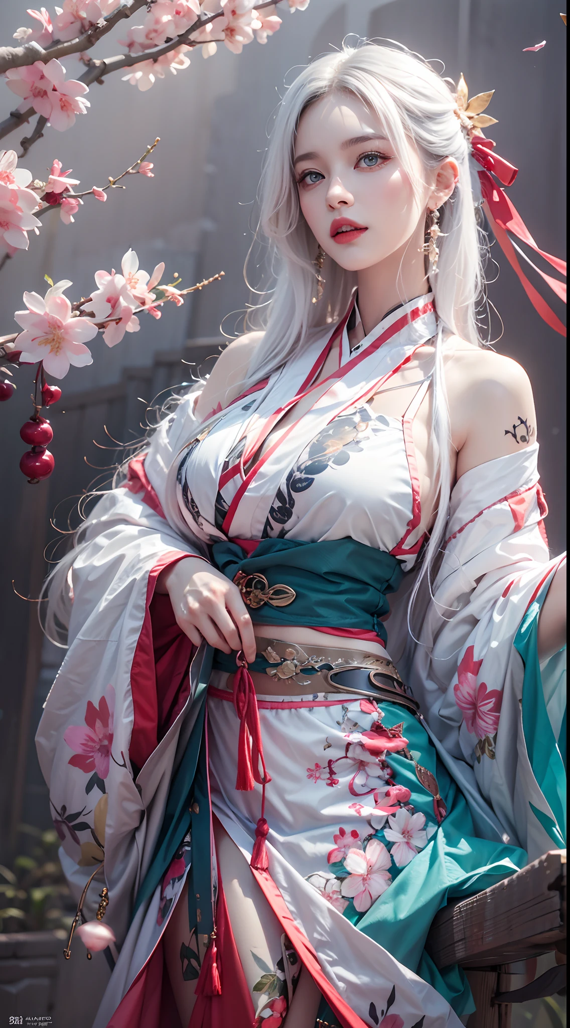 photorealistic, high resolution, soft lights, 1women, solo, hips up, blue eyes, white hair, long hair, red hanfu, hips up, jewelry, tattoo, cherry blossom
