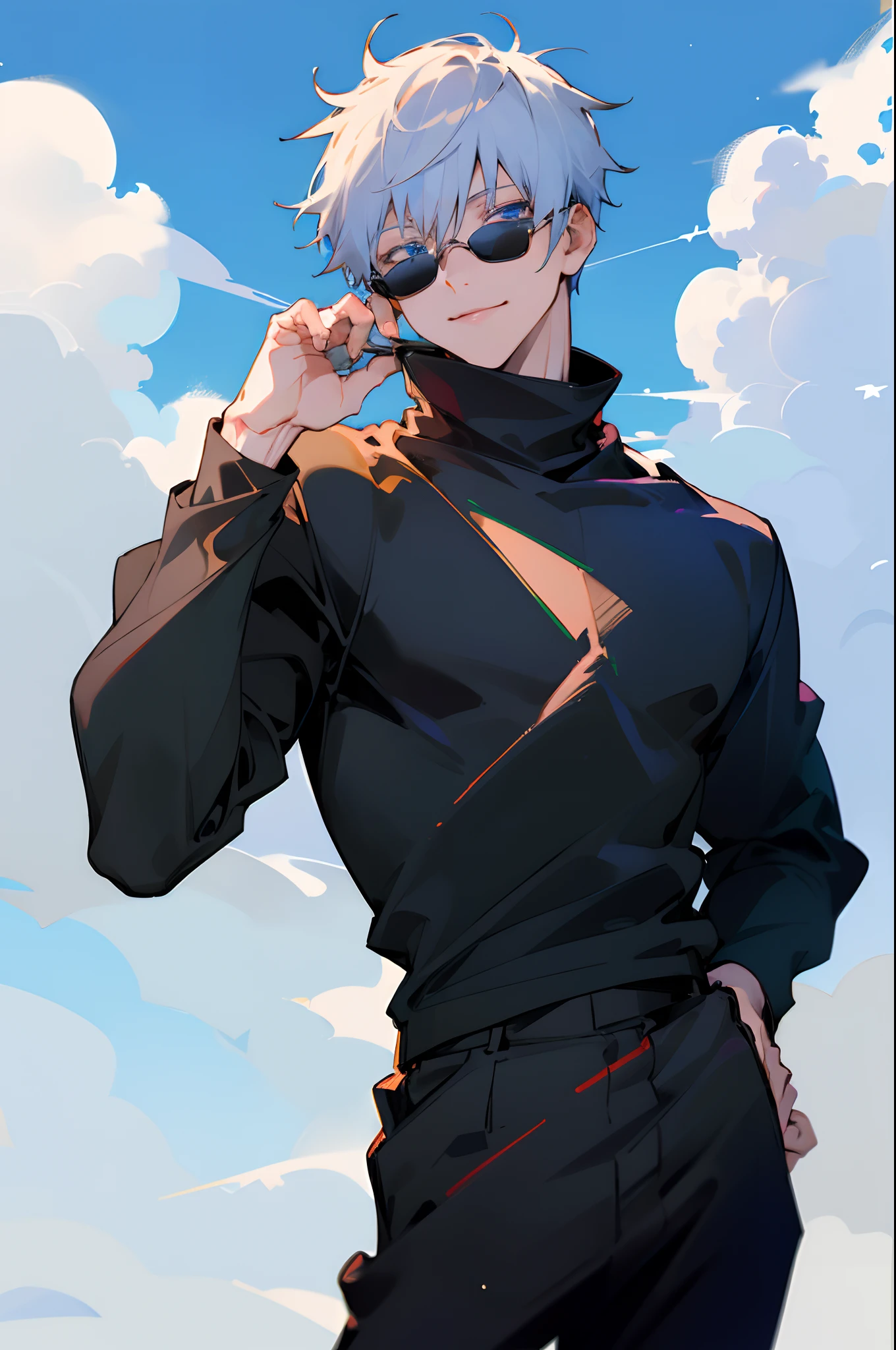 (masterpiece, best quality:1.2), cowboy shot, solo, male focus, 1boy, gojo satoru, smile, looking at viewer, hand on hip, blue eyes, black sweater, long sleeves, black pants, wearing sunglasses, beautiful blue sky, summer sky