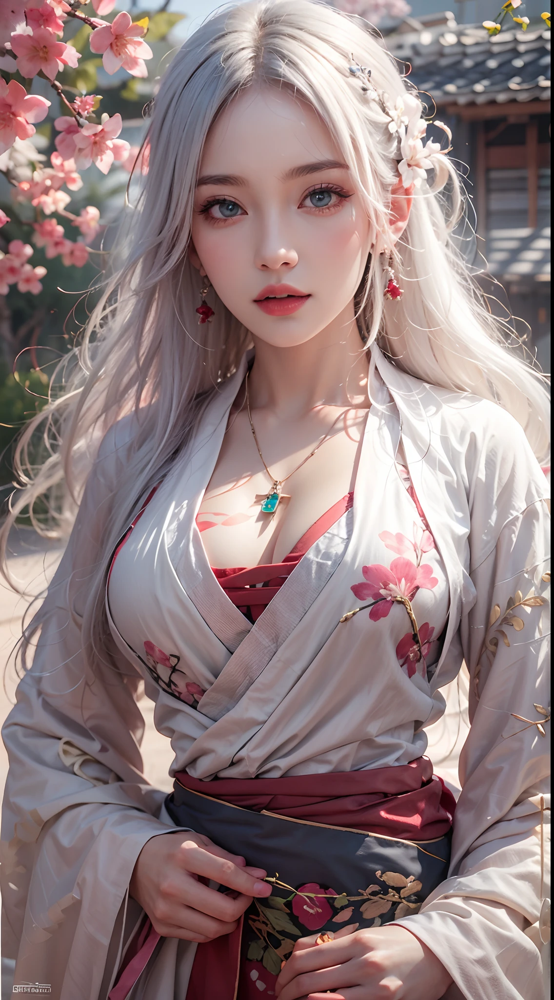 photorealistic, high resolution, soft lights, 1women, solo, hips up, blue eyes, white hair, long hair, red hanfu, hips up, jewelry, tattoo, cherry blossom