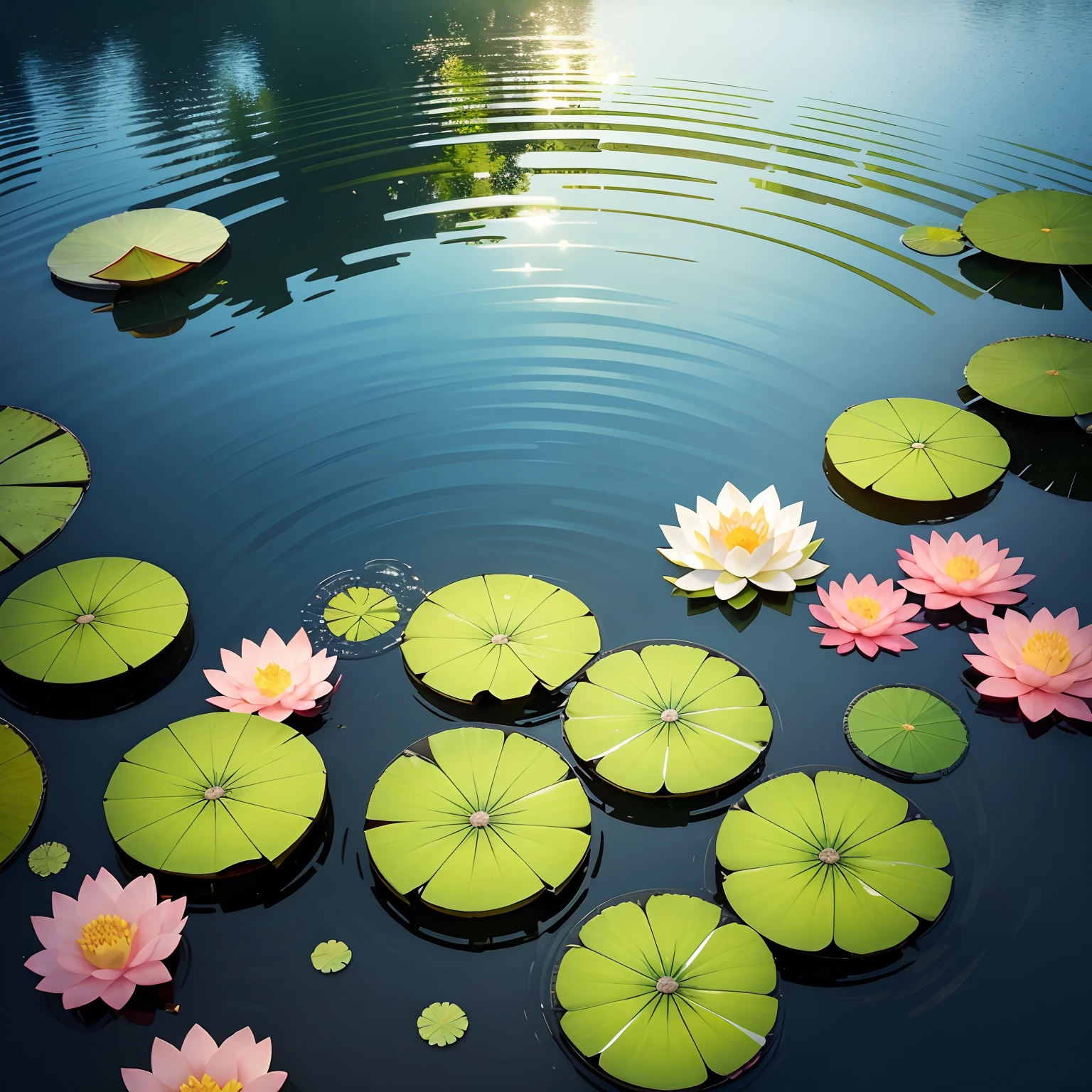 Pond in summer,Sparkling,Lotus field on the surface of the water,Lotus dots,Dancing cicada-like green leaves,Hold up a touch of delicate red。Fish weaving through the water,Ripples ripple,Mingling with the blue sky and white clouds in the reflection,More vibrant。
