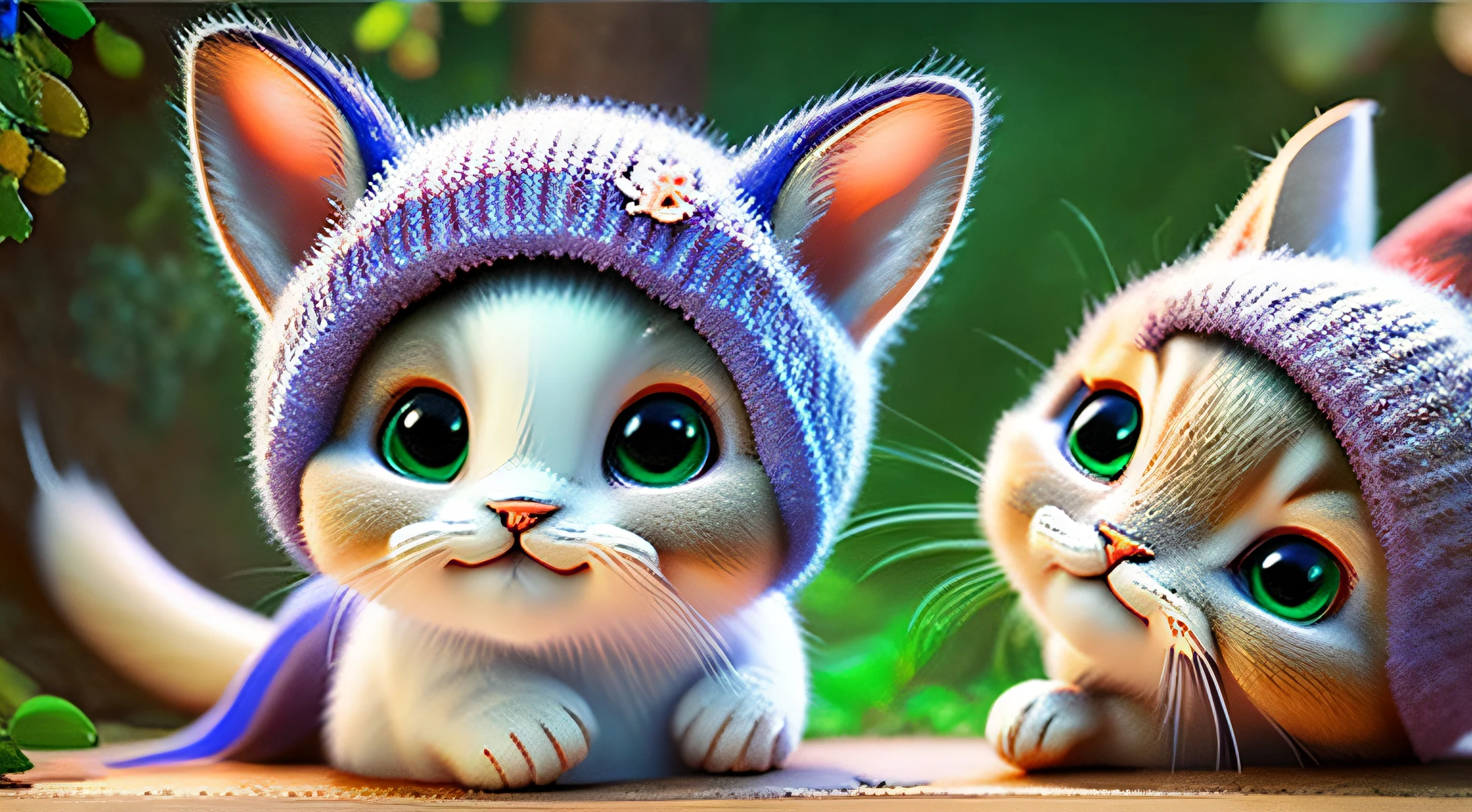 gato realista, estilo cute, imagem perfeita, olhos grandes, arvores, fadas, gnomos, floresta, mundo encantado, fundo, casas