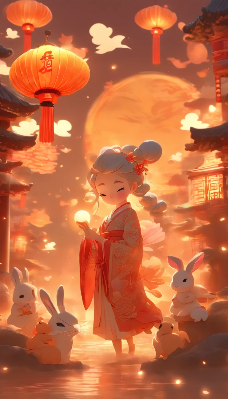 Mid-Autumn Festival, Cute fairy dressed in ancient Chinese costume, and Ala rabbit playing next to the girl, Mooncake auspicious cloud, Behind the huge moon, warm color, abstract pictures, surrealism, pixar-style, 3d effect, Disney style, Clear contour light, Edge light, fantasy, spotlight lights, 8k --ar 3:4