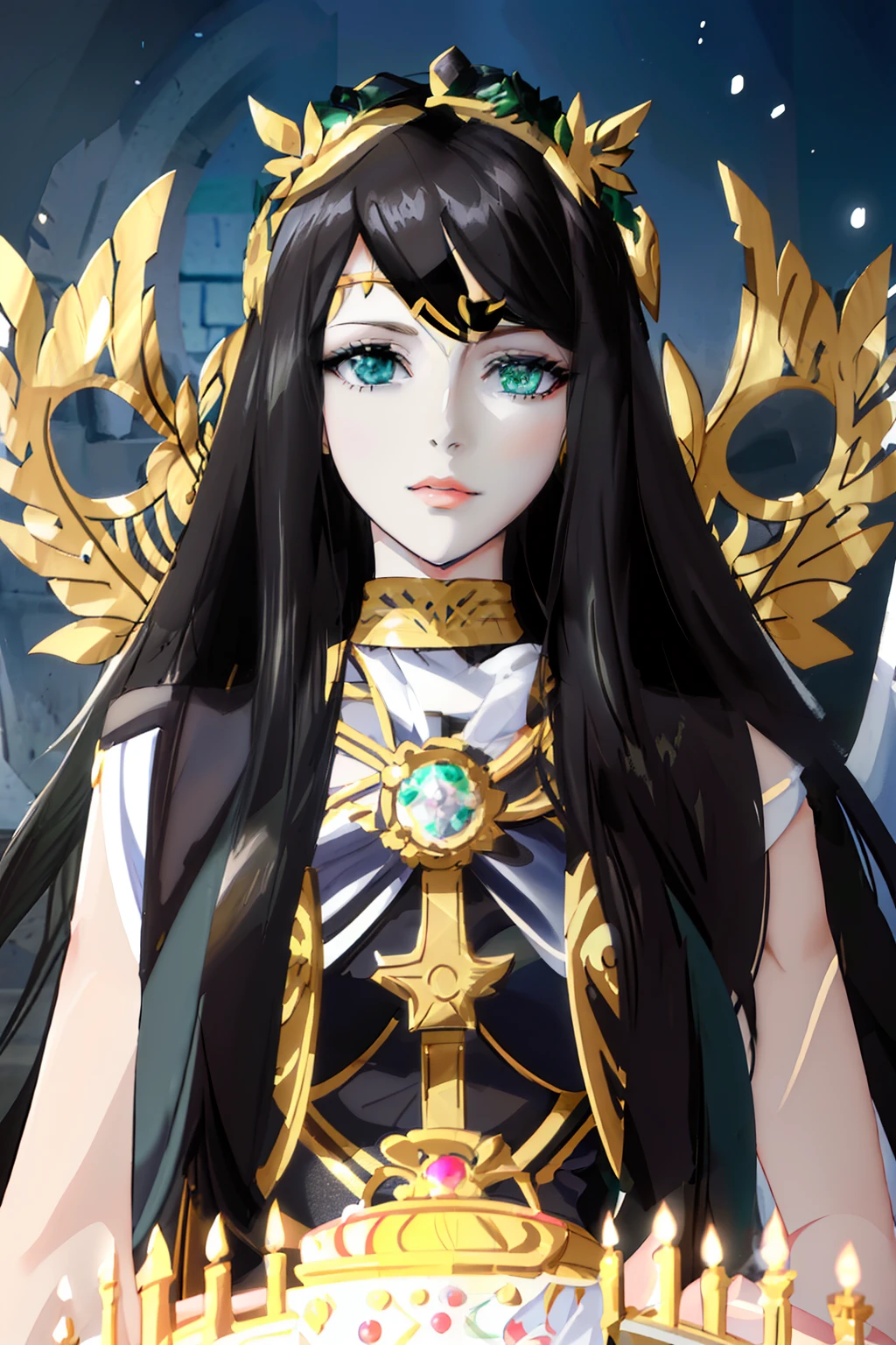 a woman in a black and white outfit holding a cake, portrait knights of zodiac girl, anime goddess, irelia, lady palutena, 2. 5 d cgi anime fantasy artwork, a beautiful fantasy empress, extremely detailed artgerm, albedo from overlord, detailed digital anime art, ((a beautiful fantasy empress)), palutena
