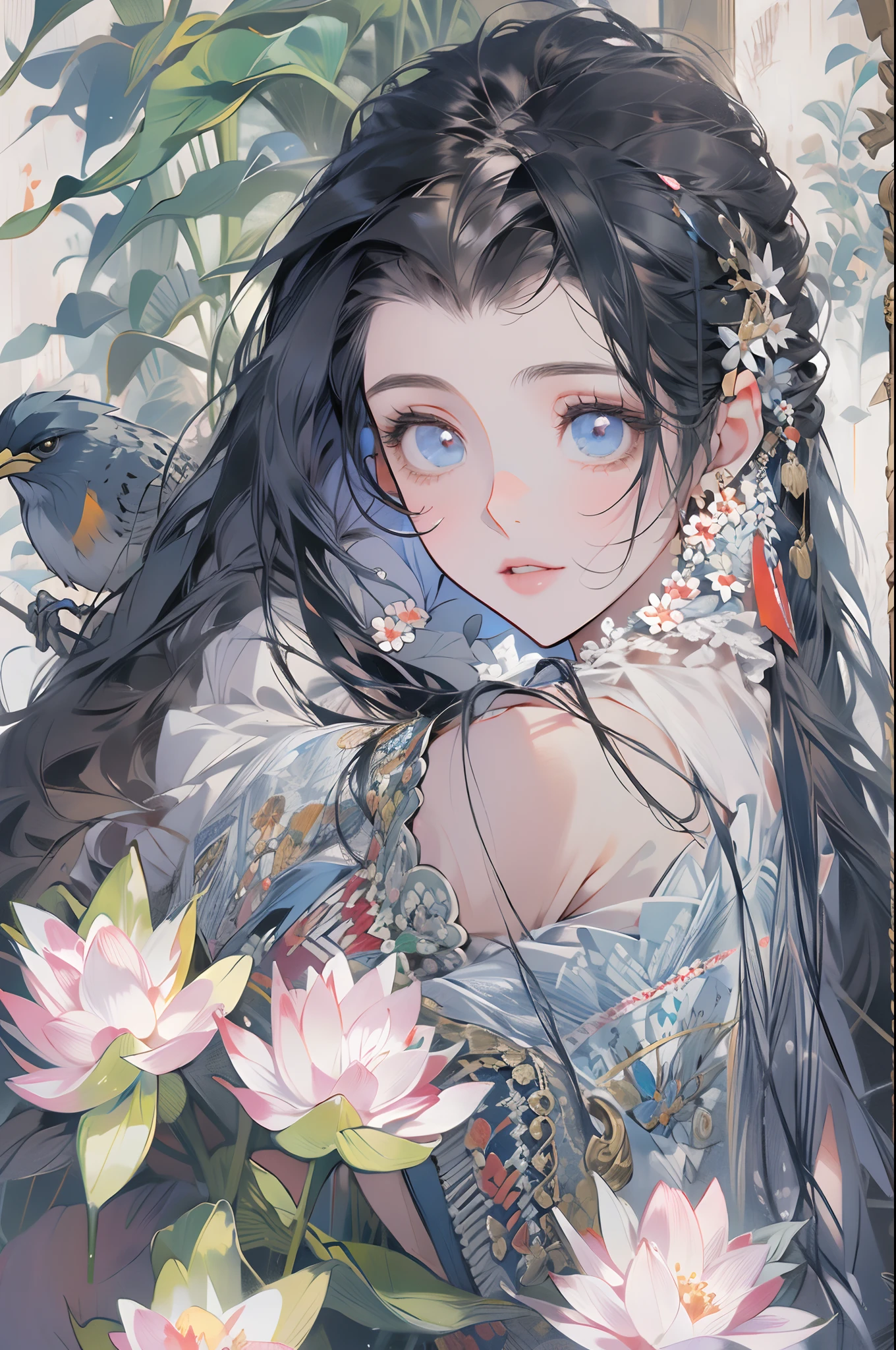 masterpiece,(masterpiece, top quality, best quality),1girl, long hair, bird, flower, black hair, lotus, solo, hair ornament, dress, bare shoulders, very long hair, upper body