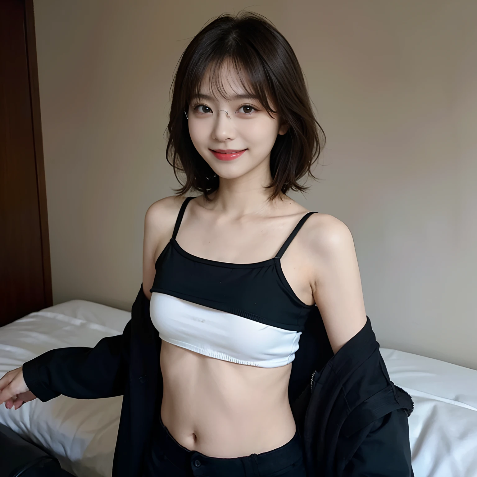 ((highest quality)), ((masterpiece)), (detailed), Perfect full body photo,Perfect Face、(((A realistic idol face with simple and cute symmetrical eyes)))、(((Photorealistic and realistic photos)))、(((Super tight and very small lace underwear:1.2)))、(((Black Bob with Messy Bangs:1.3)))、(((Very muscular and slender body type:1.5)))、(((Trained abdominal muscles:1.55)))、((Muscular and slender limbs:1.3)),((Slim waist:1.5)),((Best image quality、8k))、((highest quality、8k、masterpiece:1.3)),Sharp focus:1.2、Spotlight,A 19-year-old beautiful Japanese woman with thin eyebrows and an idol-like face:1.2,(Broad shoulders:1.3),(thin beautiful nose:1.3),非常にdetailedな顔と光沢のある肌の質感,(((Very small breasts:2))),(Small Ass:1.3),((View here:1.2)),The groin is visible:1.1,I can see my belly button:1.2,.((Dark kitchen:1.2))