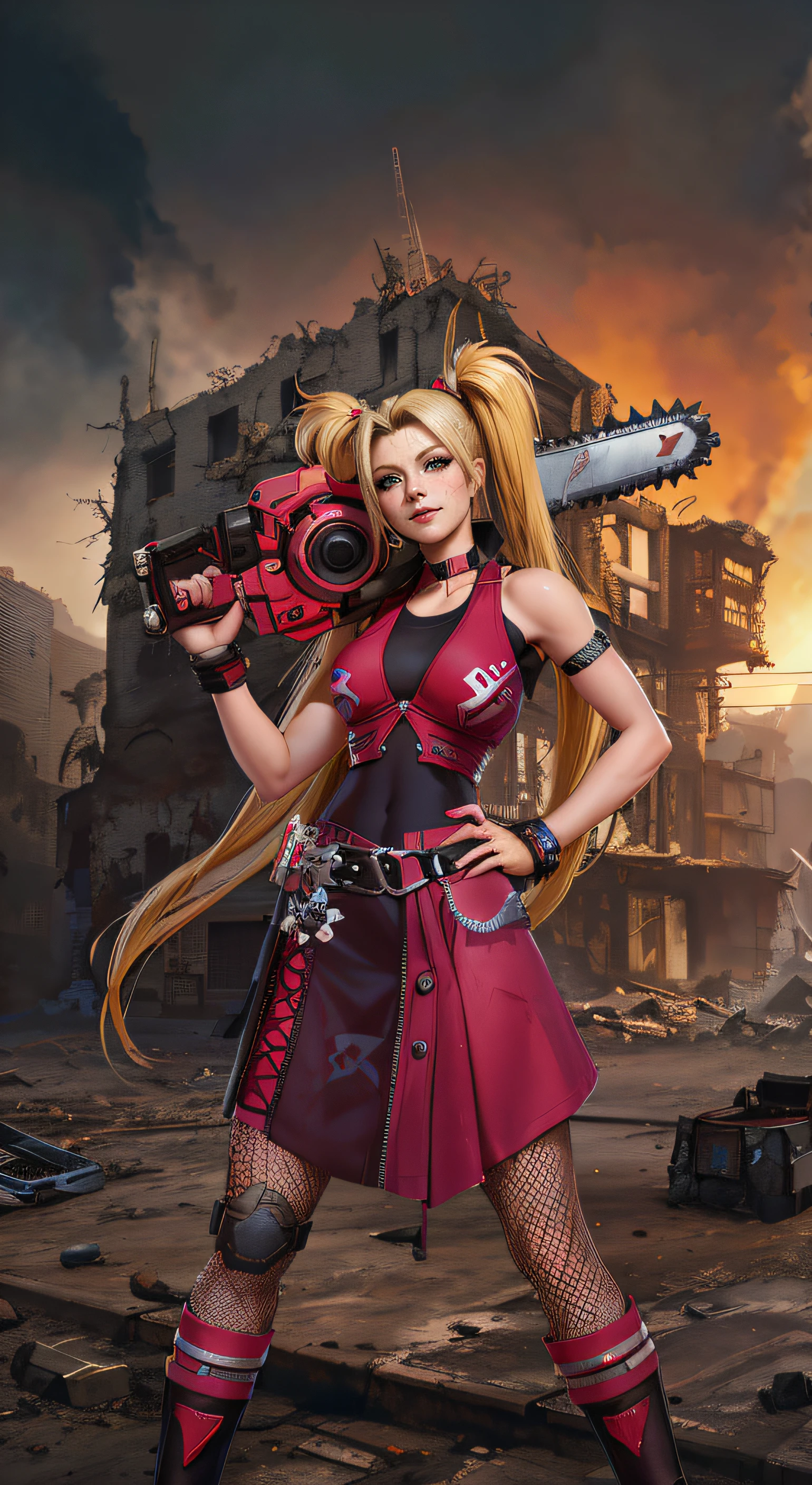 Red-haired blonde woman holding chainsaw in front of ruined city, As a character in Tekken, john park, annie from league of legends, Deviantart ArtStation CGSCOSIETY, close up portrait shot, 《Overwatch》Brigitte, Fan art, 3 D rendering character art 8 K, fighting game character, natalie from epic battle fantasy, portrait of tifa lockhart