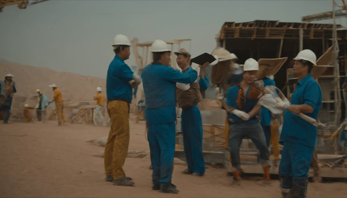 A group of Chinese construction workers singing karaoke，Everyone had a microphone in their hands，The background is a port under construction in the desert，blue tint