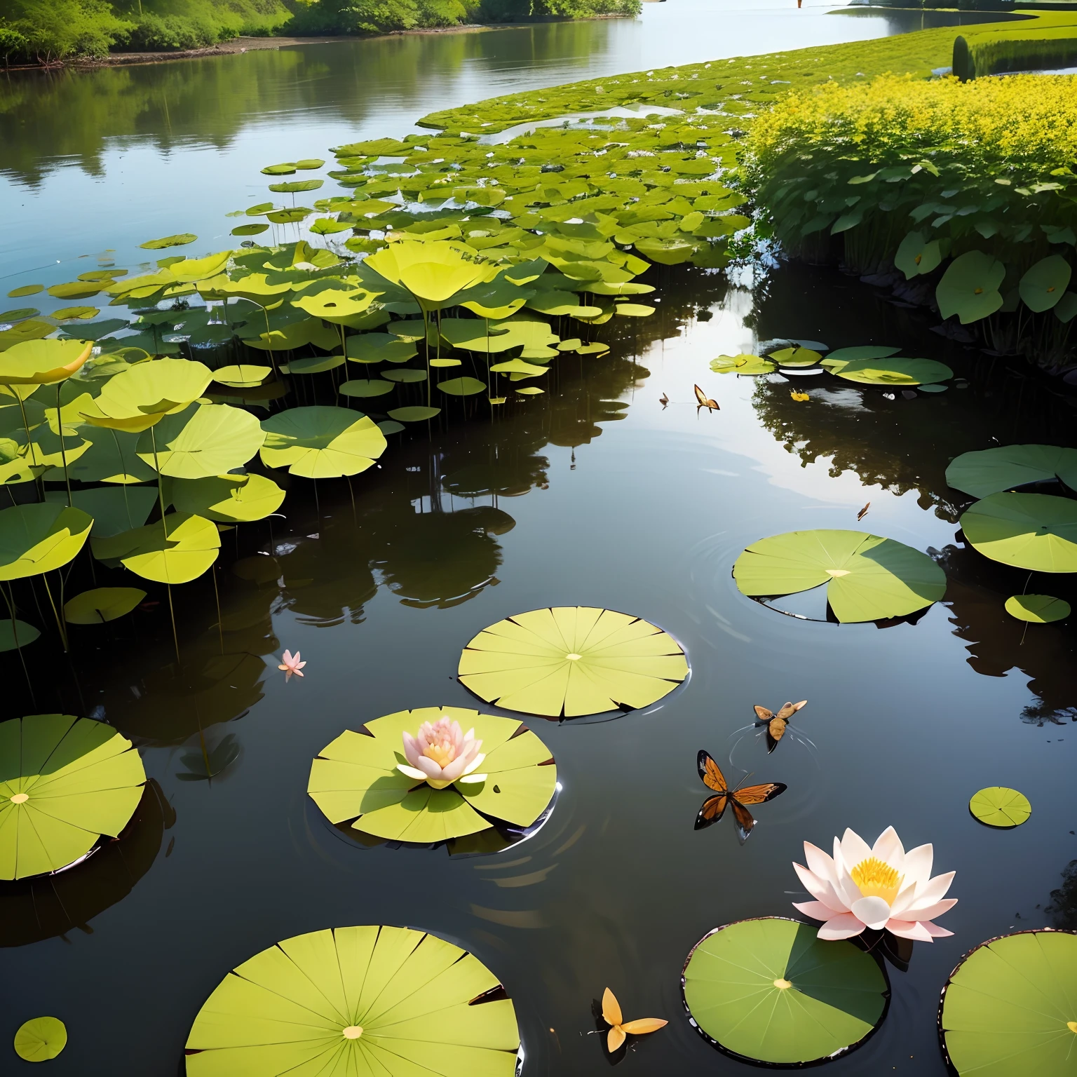 Summer pond，Lotus leaves cover the sun，Lotus flowers bloom，honeybee、Dragonflies are busy，The sound of cicadas。A gentle breeze blows，The lotus swayed，Picturesque。