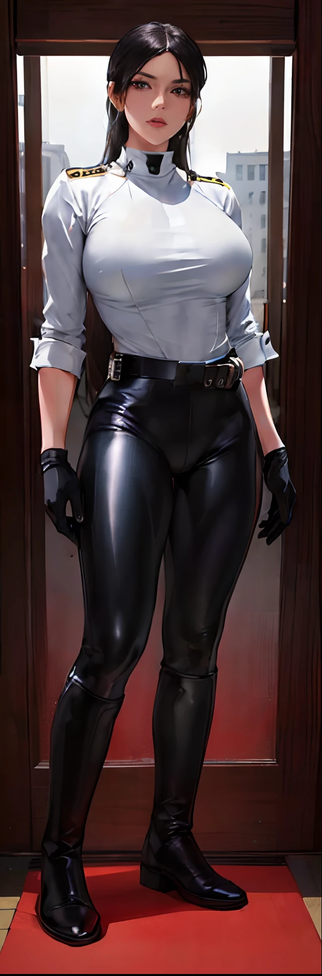 (highest resolution, distinct_image) best quality, a woman, solo, masterpiece, highly detailed, semi realistic, black cropped, black hair, bangs, 18 years old, mature, young, tall strong, uniform, military uniform,indoor background, cold, serious, tall, handsome, autocratic, powerful, exquisite facial features, exquisite facial features, (full body)(black knee-high boots)(dominatrix:0.3)(white Yoga pants),(gloves:1.5)(long sleeves),(active sportswear shirt),(princess Zelda)(sheik),solo,1girl,(looking at viewer)