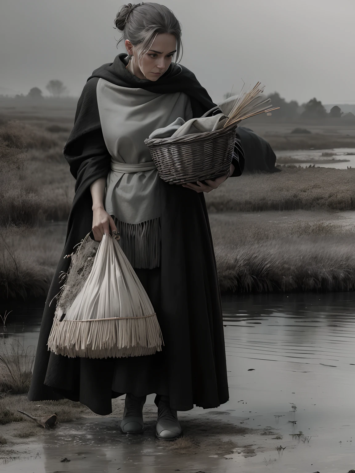 ((An extreme long shot)), far from the camera, far away from the viewer, of an old woman with dark grey hair, short hair neatly in a bun, wearing dirty clothes, in the meads is gathering rushes bundling sticks, at the end of fall in a large wicker basket, using a wool blanket to help cover the stick bundles under the blanket, wearing an old grey dress white shirt and a fringed grey shall, she has a grey cat, grey overcast sky, rainy, drizzle, misty fog, swamp, bogs, shrubs and dead shrub branches sticking out of the ground. 8k resolution extreme long shot, artistic oil painting hyperdetailed