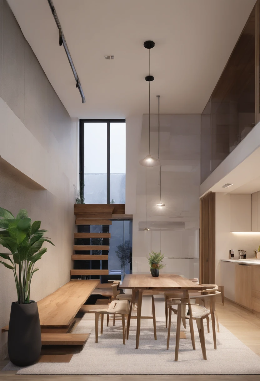 there is a dining table and benches in a room with a staircase, 3 d rendering, very realistic 3 d render, render vray, house interior,
keem interior layout as it is. make a interior design for this stair room. elegant stair room space with dinning room. Focal Point; SRAIR, Time of Day;evening. accurate and detailed. editorial style, eye-level,style; Contemporary. lighting natural plus artificial, mood elegant, add indor plant