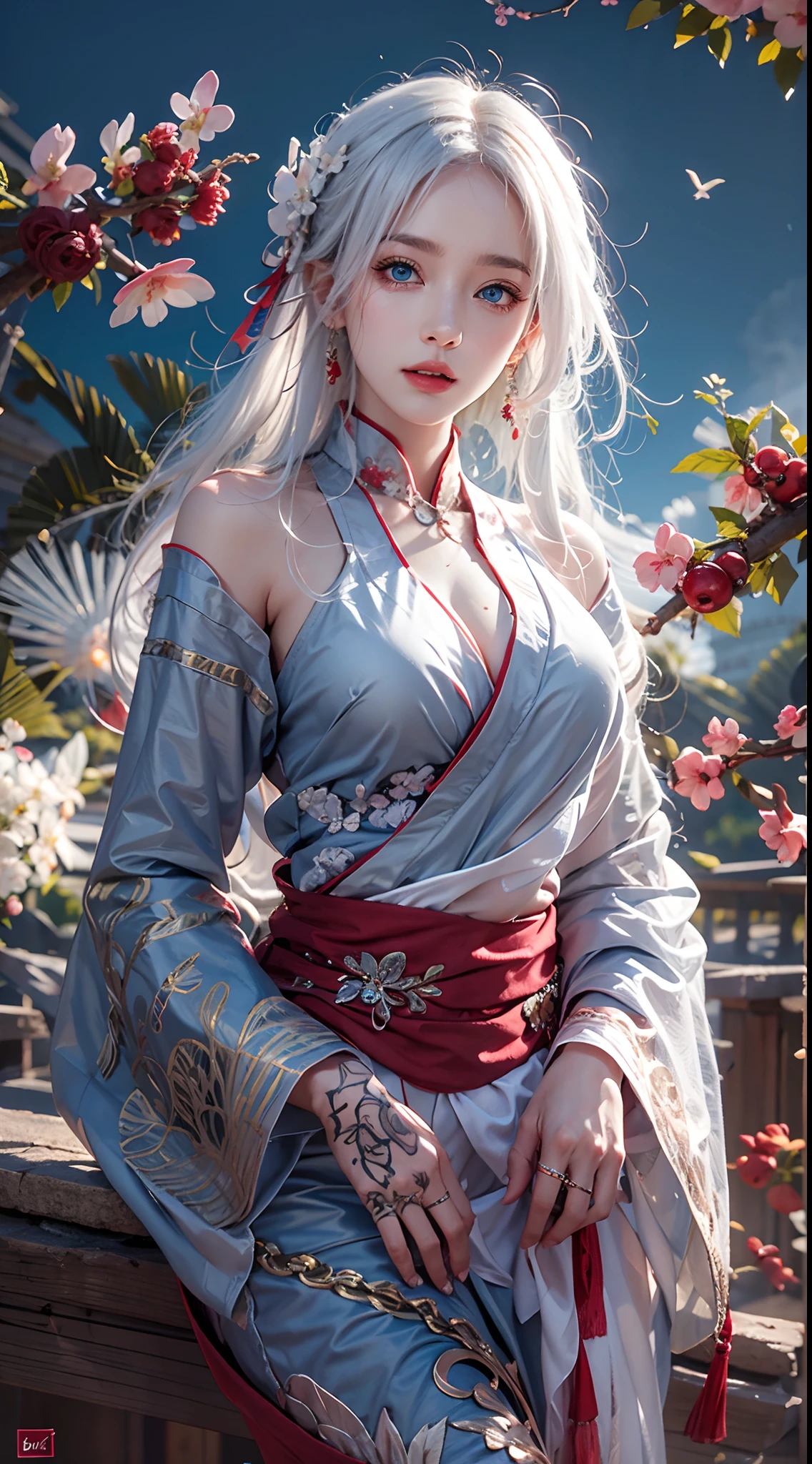 photorealistic, high resolution, soft lights, 1women, solo, hips up, blue eyes, white hair, long hair, red hanfu, hips up, jewelry, tattoo, cherry blossom