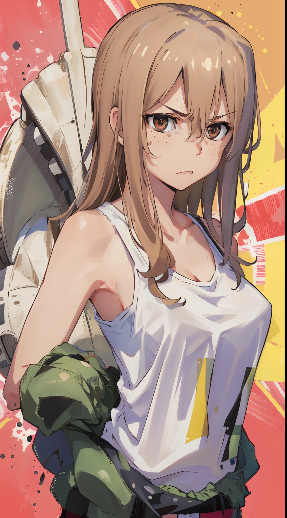 masterpiece, best quality, highres, aoki1, brown eyes, freckles, standing, healthy skin, medium breasts, upper body, tank top, disdain, disgust