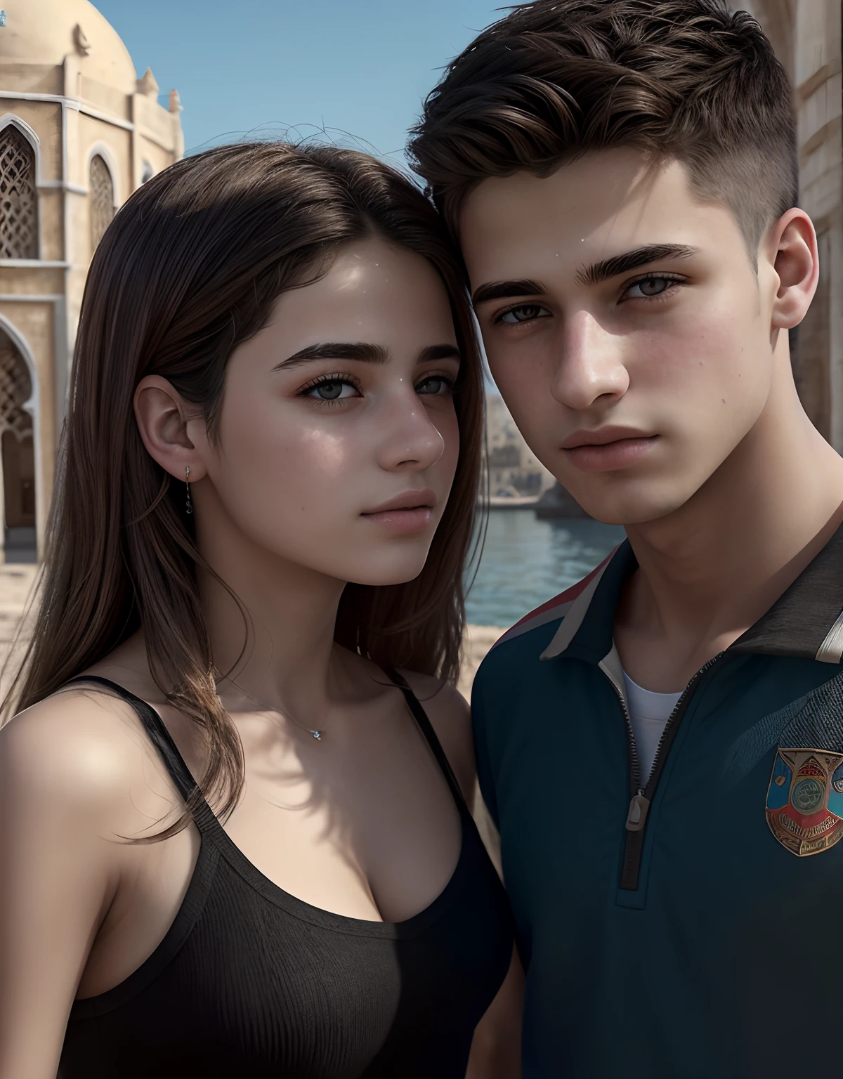 (Masterpiece,best quality,high quality,ultra-realistic, Extremely detailed:1.2)1 couple,vibrant colors,female and male agers, the (male is European:1.1). The (female is arab:1.1),sunny day, sharp focus