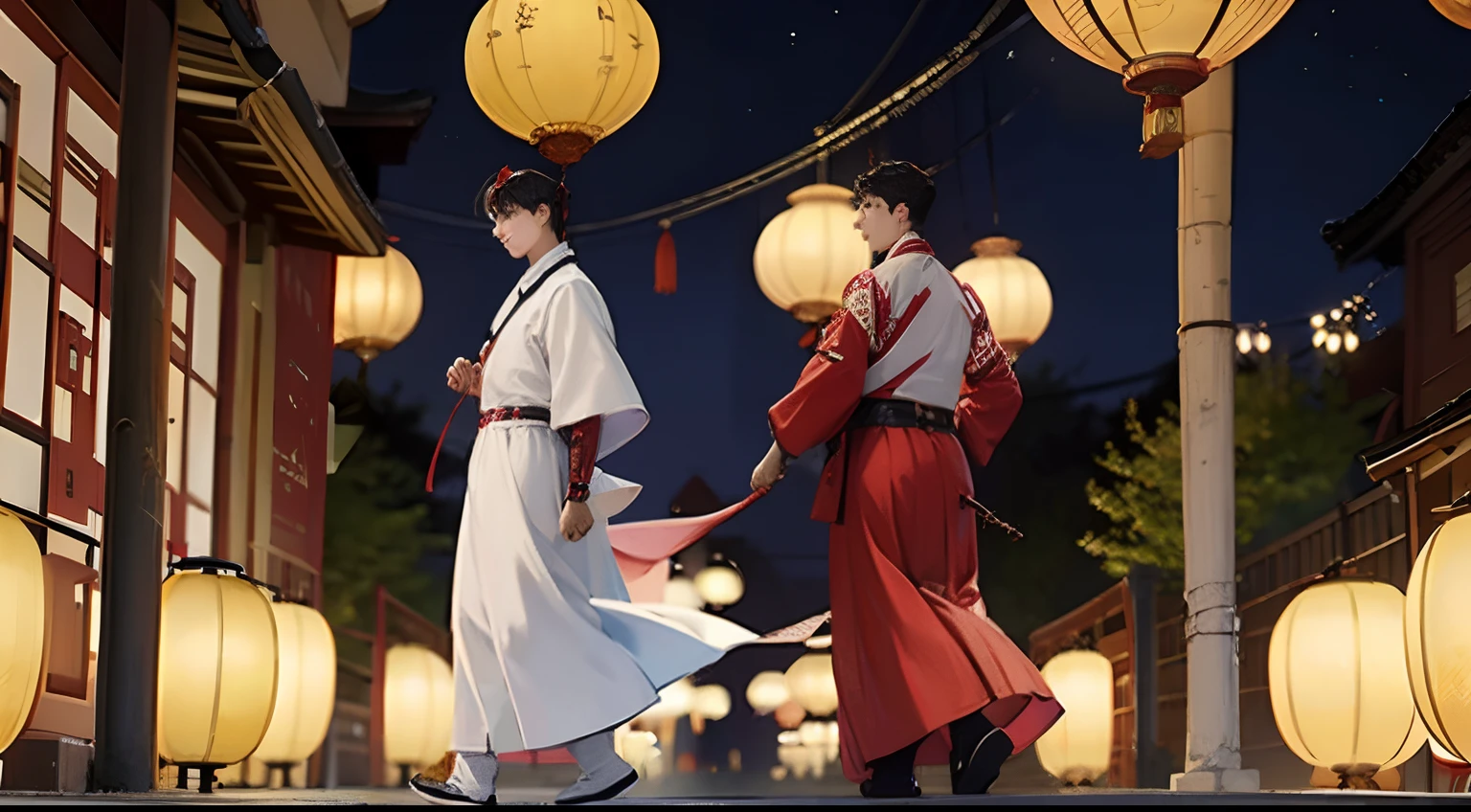 Mid-Autumn Festival,Two Hanfu men march through the street