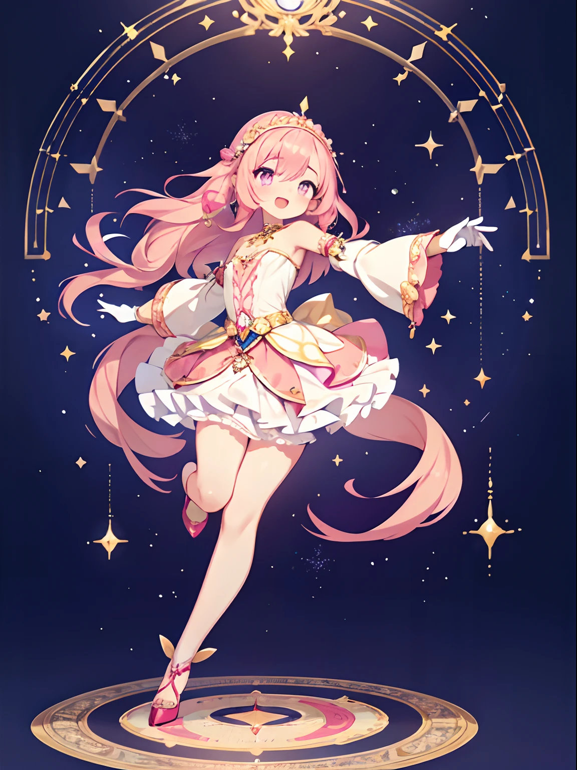 Highly detailed and realistic CG, Colorful , masutepiece, Best Quality, 1girl, pink hair, shiny hair, long hair, long bang, round face,powder light, flat chest, frilled dress, wide sleeves, off shoulders, shiny skin, high heels, white stockings, full body, dancing, stylish pose, positive smile, open mouth, closed one eye, reaching forward, luxury headdress, white gloves, jewelry ring, simple backgrounds, violet eyes, twinkle eyes,