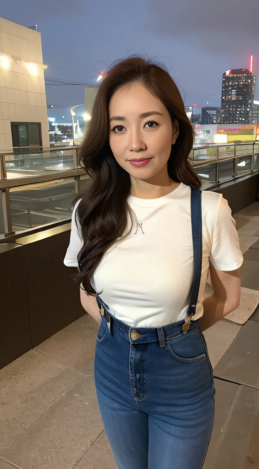 ((midynight, Need, 8K, tmasterpiece:1.3)), full bodyesbian, Long legs, Focalors:1.2, perfect figure beautiful woman:1.4, ((Dark brown hair)), (white tight t-shirt, Denim suspenders, standing on your feet:1.2), ((city night scene, the roof:1.3)), Highly detailed facial and skin texture, A detailed eye, 二重まぶた,Beauty,Wavy hair, Wrinkles at the corners of the eyes, to emphasize, ,aged 40, Wrinkled eyes,