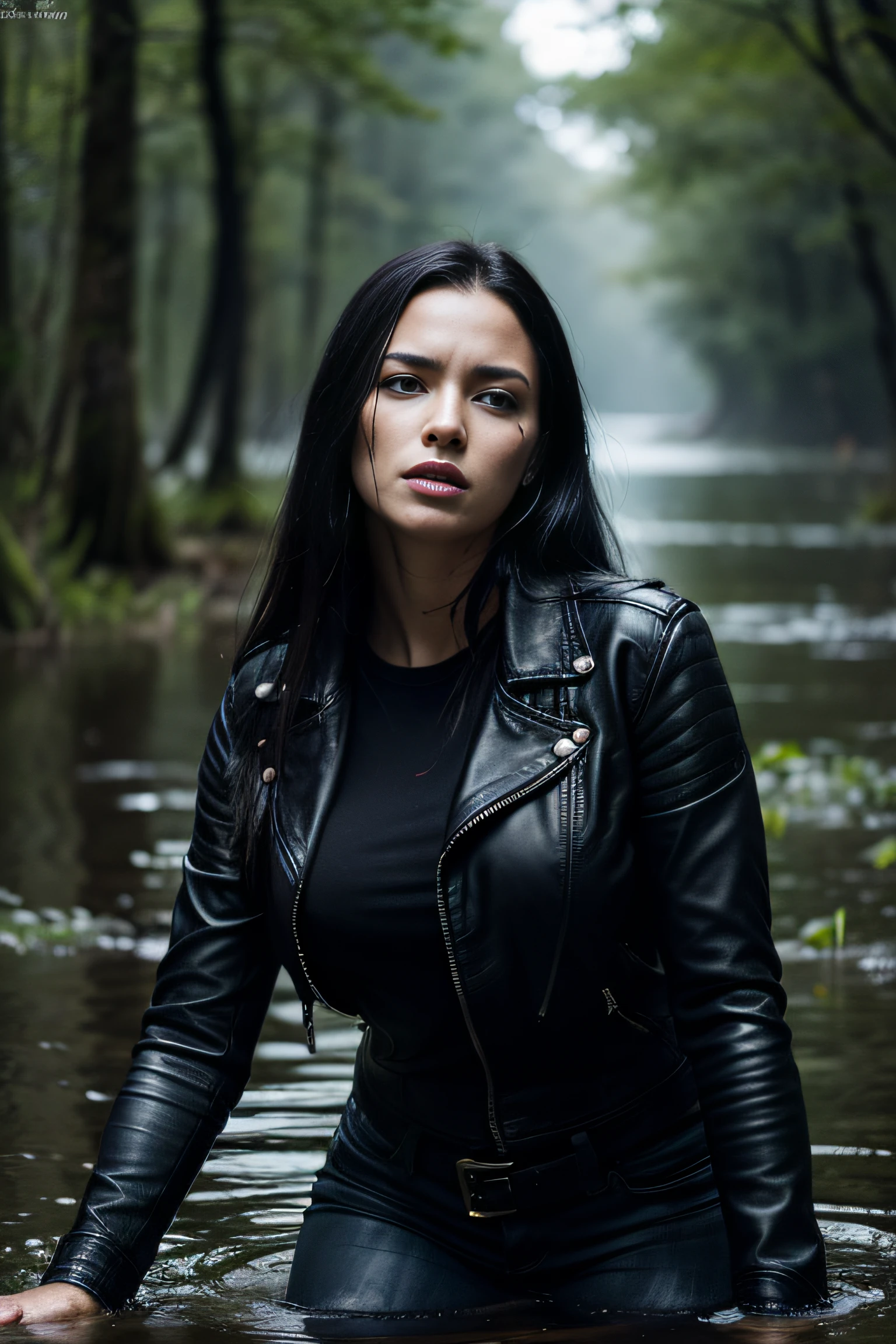 Black Sky. Tormented by lust, Virgin woman in jeans and leather jacket drowning in swamp. Meanders, standingn. The face expresses powerlessness, when the swamp pulls him down; secretly straightens his hair, (Adrenaline and helplessness on the face:1.3)