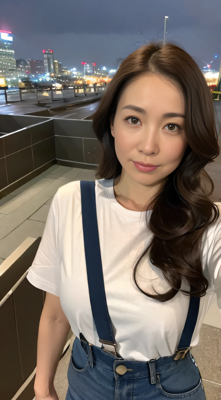 ((midynight, Need, 8K, tmasterpiece:1.3)), full bodyesbian, Long legs, Focalors:1.2, perfect figure beautiful woman:1.4, ((Dark brown hair)), (white tight t-shirt, Denim suspenders, standing on your feet:1.2), ((city night scene, the roof:1.3)), Highly detailed facial and skin texture, A detailed eye, 二重まぶた,Beauty,Wavy hair, Wrinkles at the corners of the eyes, to emphasize, ,aged 40, Wrinkled eyes,