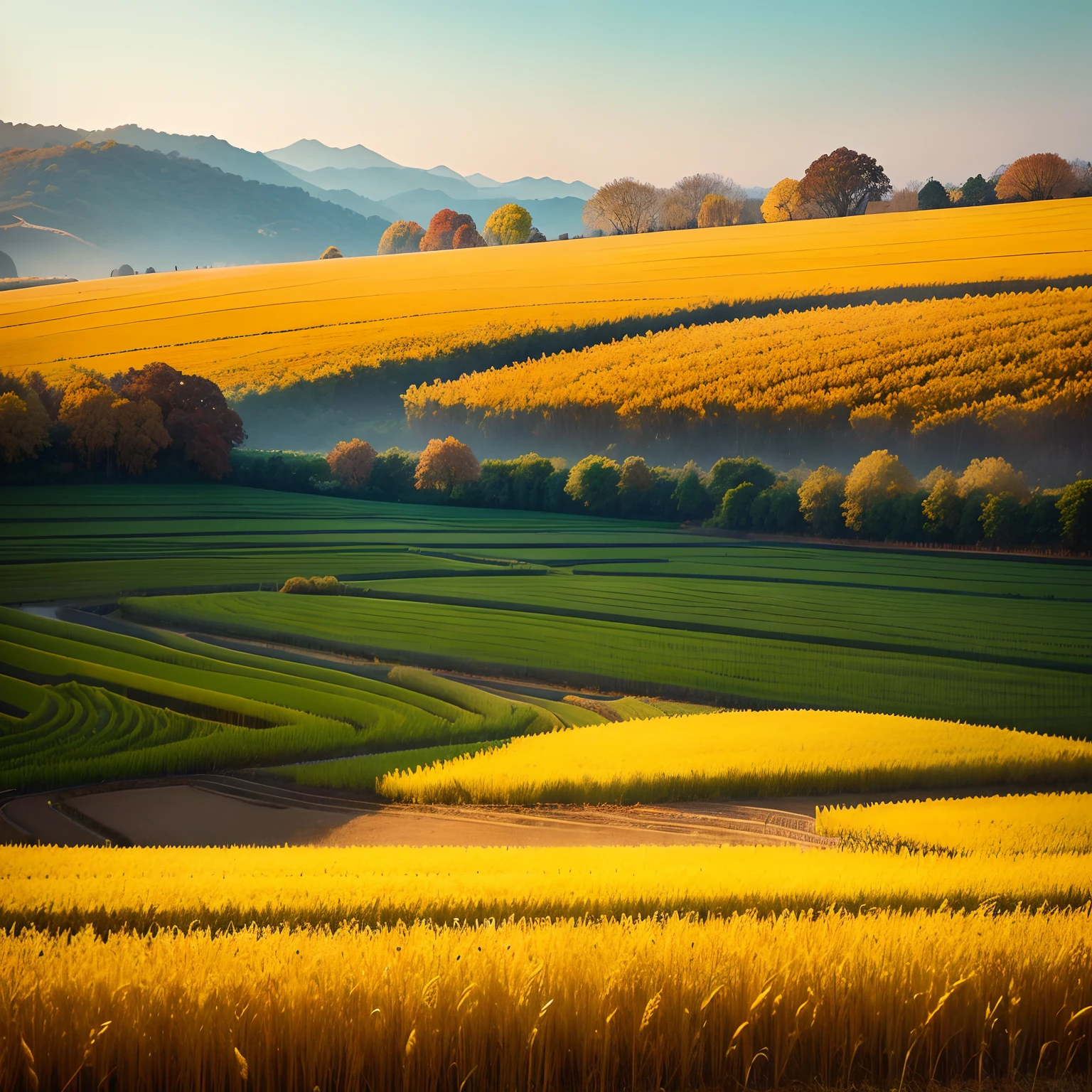 On the fields of the autumn harvest，The golden rice paddies are undulating like an ocean，The wheat is rolling。In the orchard，Apples and pears hang from the branches，People are busy picking。Harvest autumn，It is a beautiful picture of nature。Please create a picture of the autumn harvest