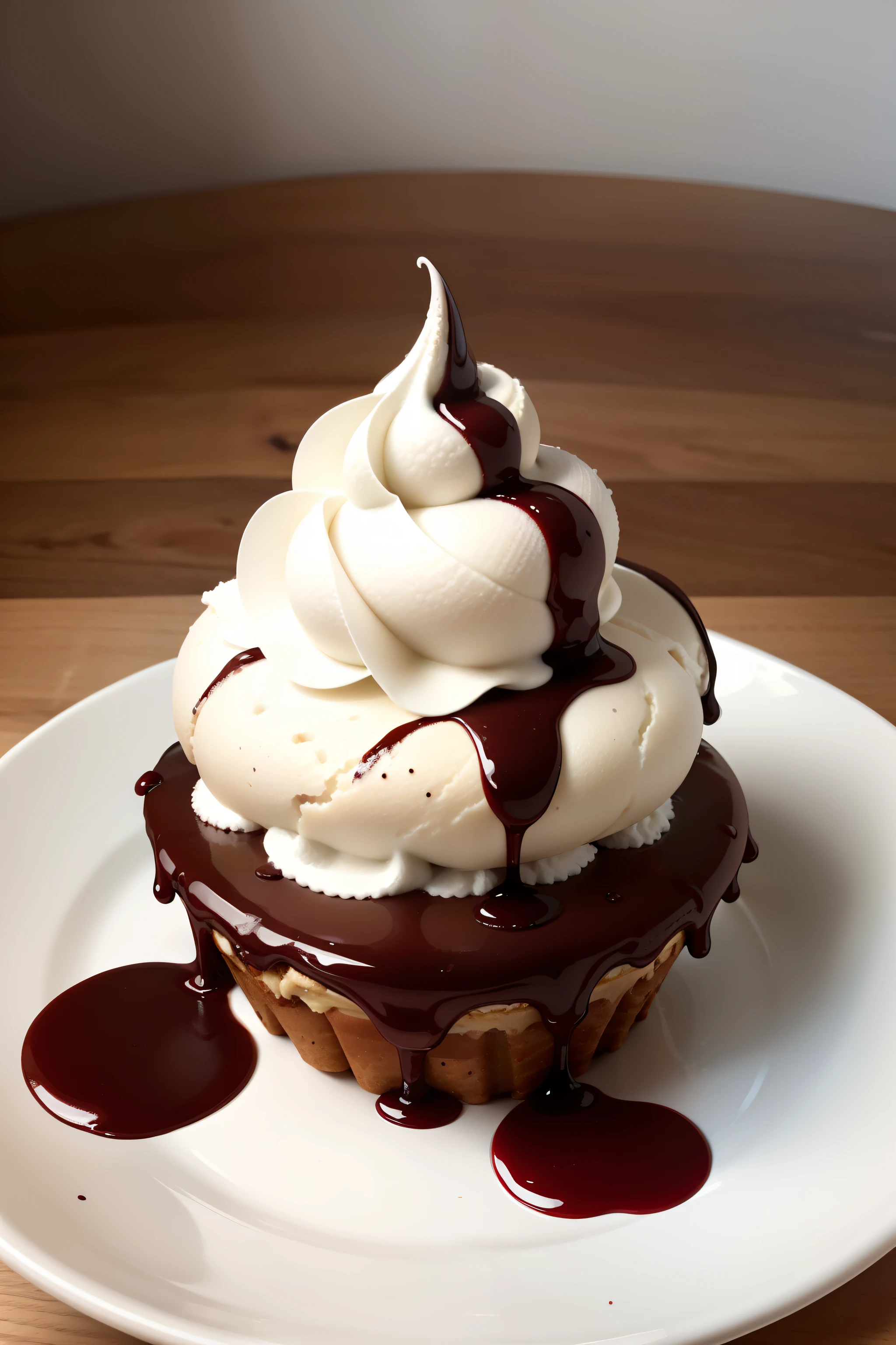 A bowl of ice cream with chocolate sauce, whipped cream, and a cherry on top with the chef platting style, printable