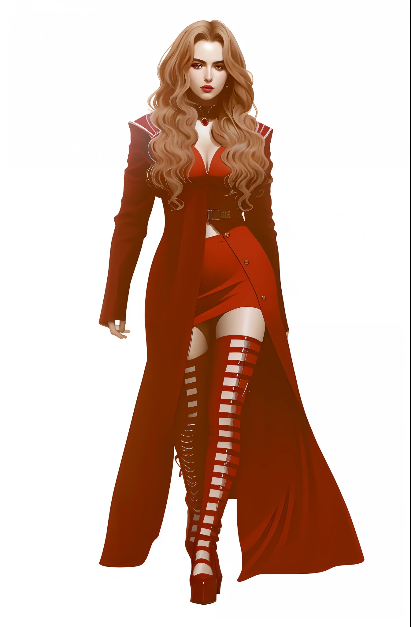 loiro, caucasiana, Escuro, um close up de uma mulher com um vestido vermelho e uma capa vermelha, red demon eyes, design de roupas, roupas vermelhas, IMVU, inspired by Slava Raškaj, casaco longo preto e vermelho de corpo inteiro, Casaco vermelho, inspirado em Bartolomeo Vivarini, arte digital. @mariomaniacdude, a digital rendering, comprimento de corpo inteiro, feito com photoshop
