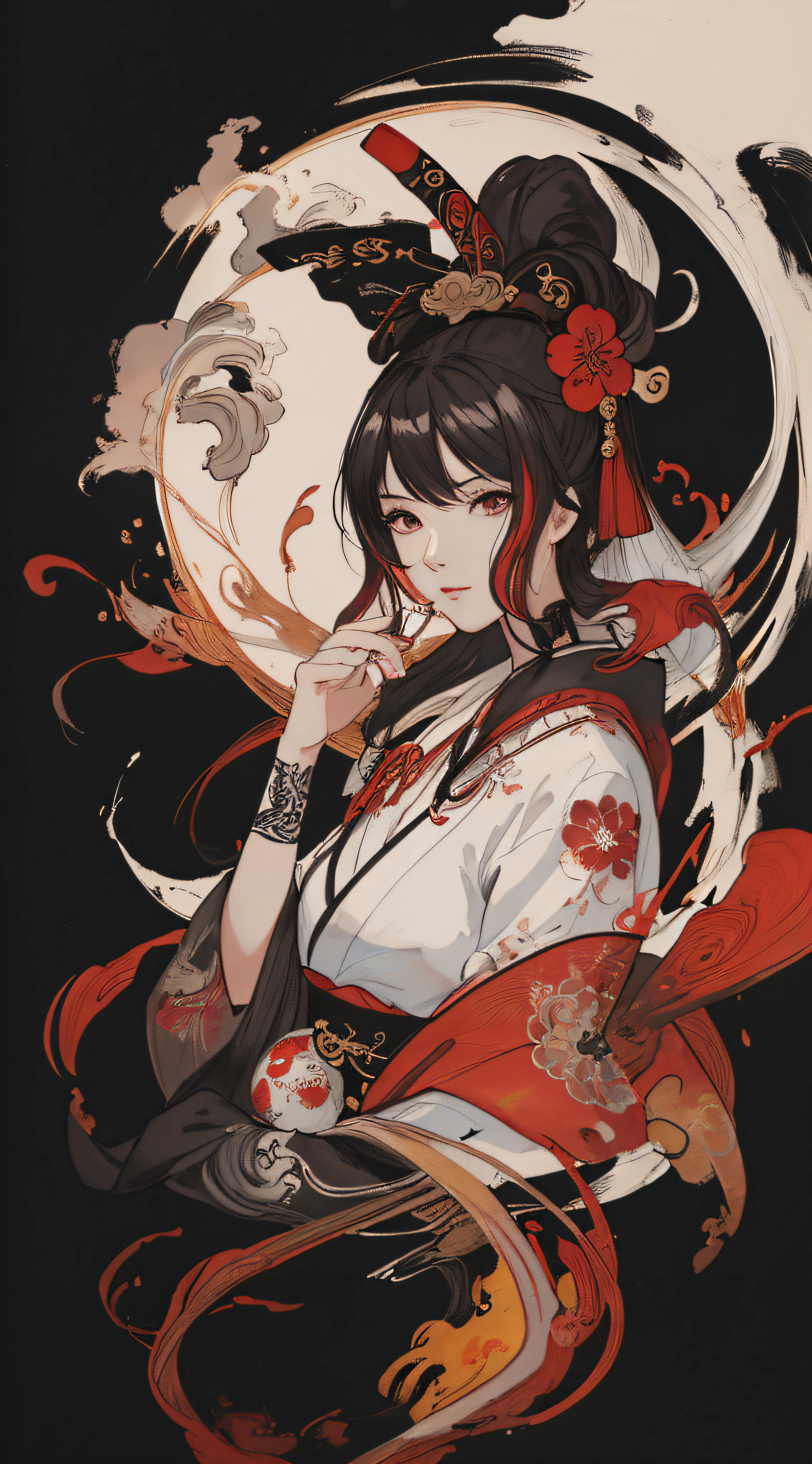 (masterpiece, highest quality, high resolution: 1.4), detail, UHD, yin and yang, line art, artgerm, portrait, ink splash, fibonacci, ink painting, ukiyo-e, highlights, excellent lighting, most amazing effects,