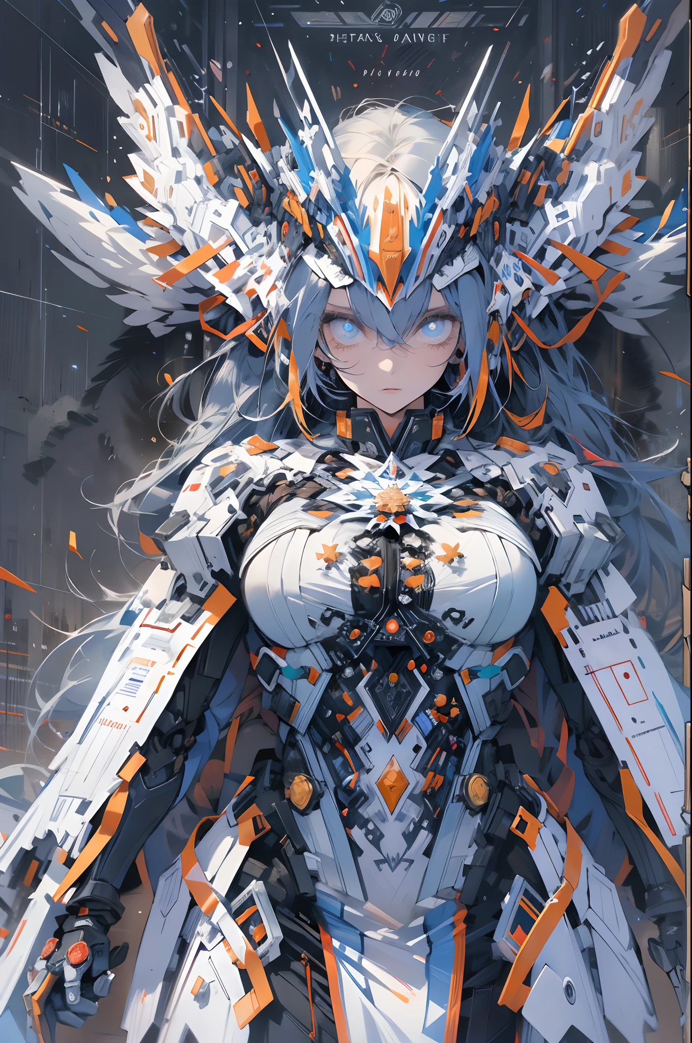 top-quality、tmasterpiece、超A high resolution、(Photorealsitic:1.4)、RAW photo、Battle Robot Angel、Large wing made of metal、White porcelain body、Acrylic transparent cover、whaite hair、glowy skin、1 Cyborg Girl、((Super realistic details))、porate、globalillumination、black shadows、octan render、8K、ultrasharp、Character edge light,Colossal tits、Raw skin is exposed in cleavage、Details of complex ornaments、Details of the Twin Zeta Gundam、Hydraulic cylinder、small led lights、highly intricate detail、Realistic light、a purple eye、Radiant eyes、Facing the camera、neon light detail、cow boy shot、Futuristic headgear、Floor plan about the《cyber punk perssonage》、、