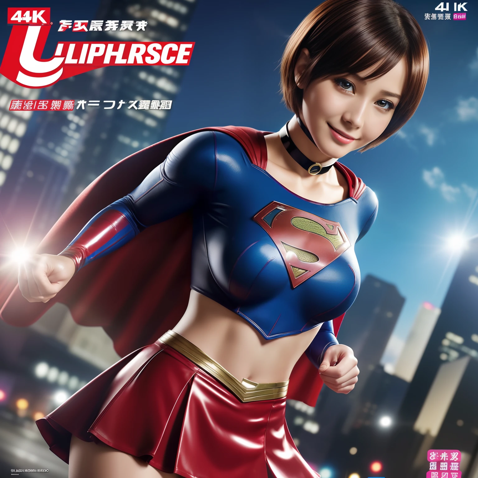 (Best Quality,4K,8K,hight resolution,masutepiece:1.2),Ultra-detailed,Realistic:1.37,Super masterpiece,Short-haired Supergirl、large full breasts、Looking at the camera、Glossy costume、a choker、Too short miniskirt、Magazine covers、Weekly Magazine、light smile