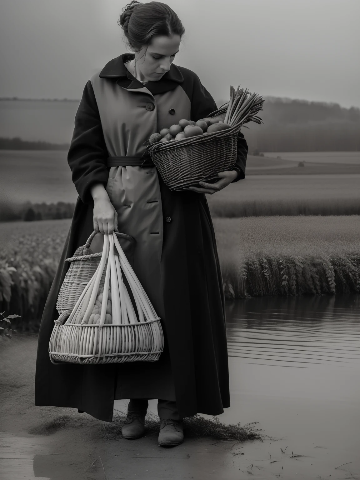 arafed woman in a long coat holding a basket of vegetables, inspired by August Sander, inspired by Jean-François Millet, in the style of hans thoma, sergey krasovskiy, inspired by Andrei Rublev, inspired by Tom Chambers, inspired by Alphonse Legros, harvest, candid portrait, inspired by Peter Basch