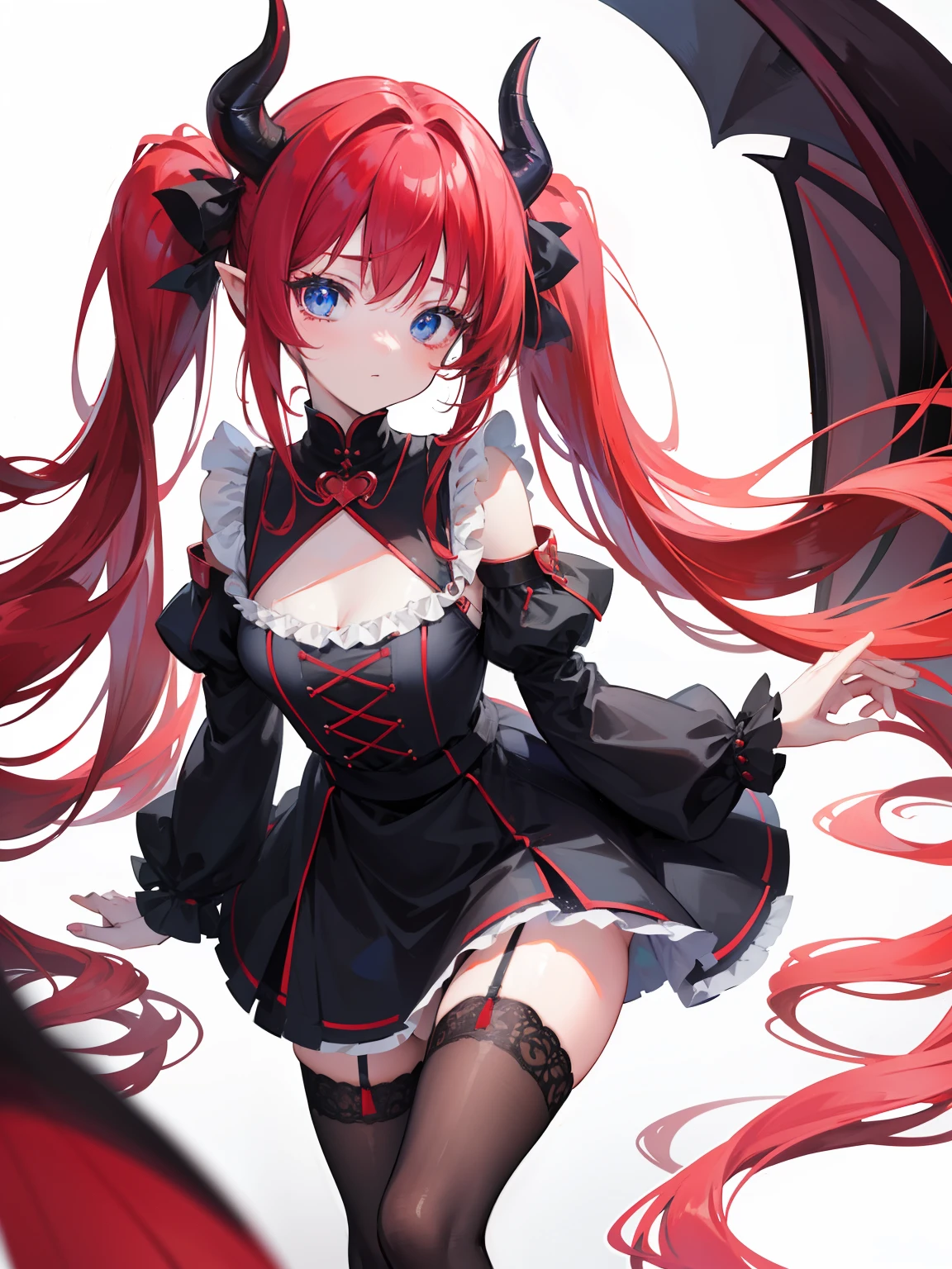 Red hair,Blue eyes,Twintails, Long hair, Solo, Loli, Black stockings,{{Best quality}}, {{Masterpiece}}, {{Ultra-detailed}}, {illustration}, {Detailed light}, {An extremely delicate and beautiful},Little girl,Cute,Succubus, demon,Horns