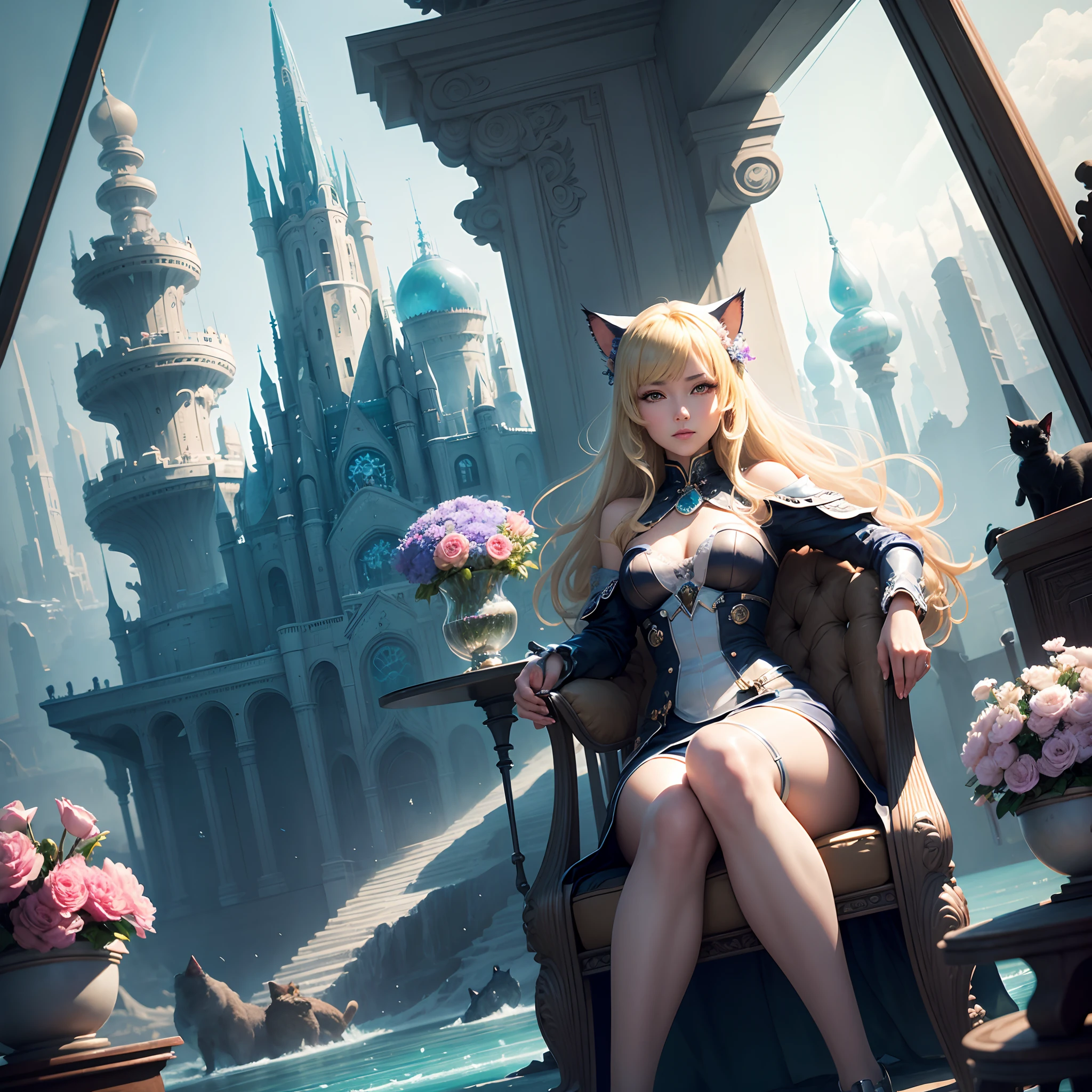 One bewildering woman、Cat's eyes、Attractive blonde、calm atmosphere、Sitting on a chair、Mechanized limbs、Surrounded by beautiful flowers、Ice Palace、Island floating in the air々、A highly detailed、the panorama
